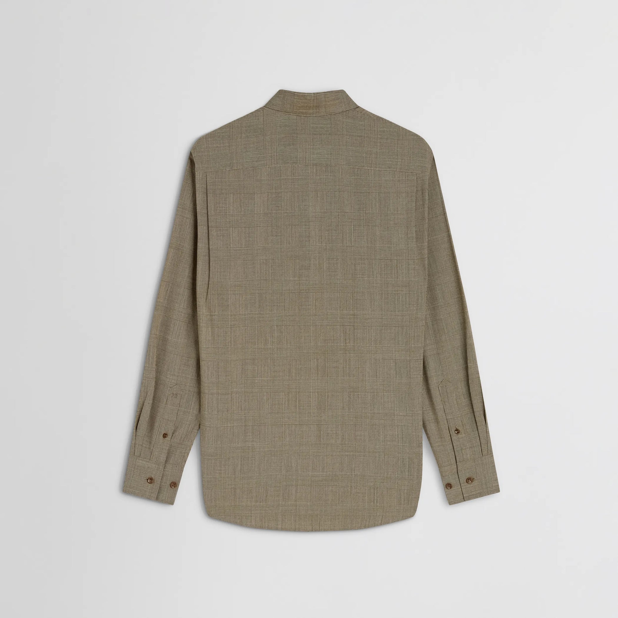 Flat back view of classic shirt in brown-beige wool