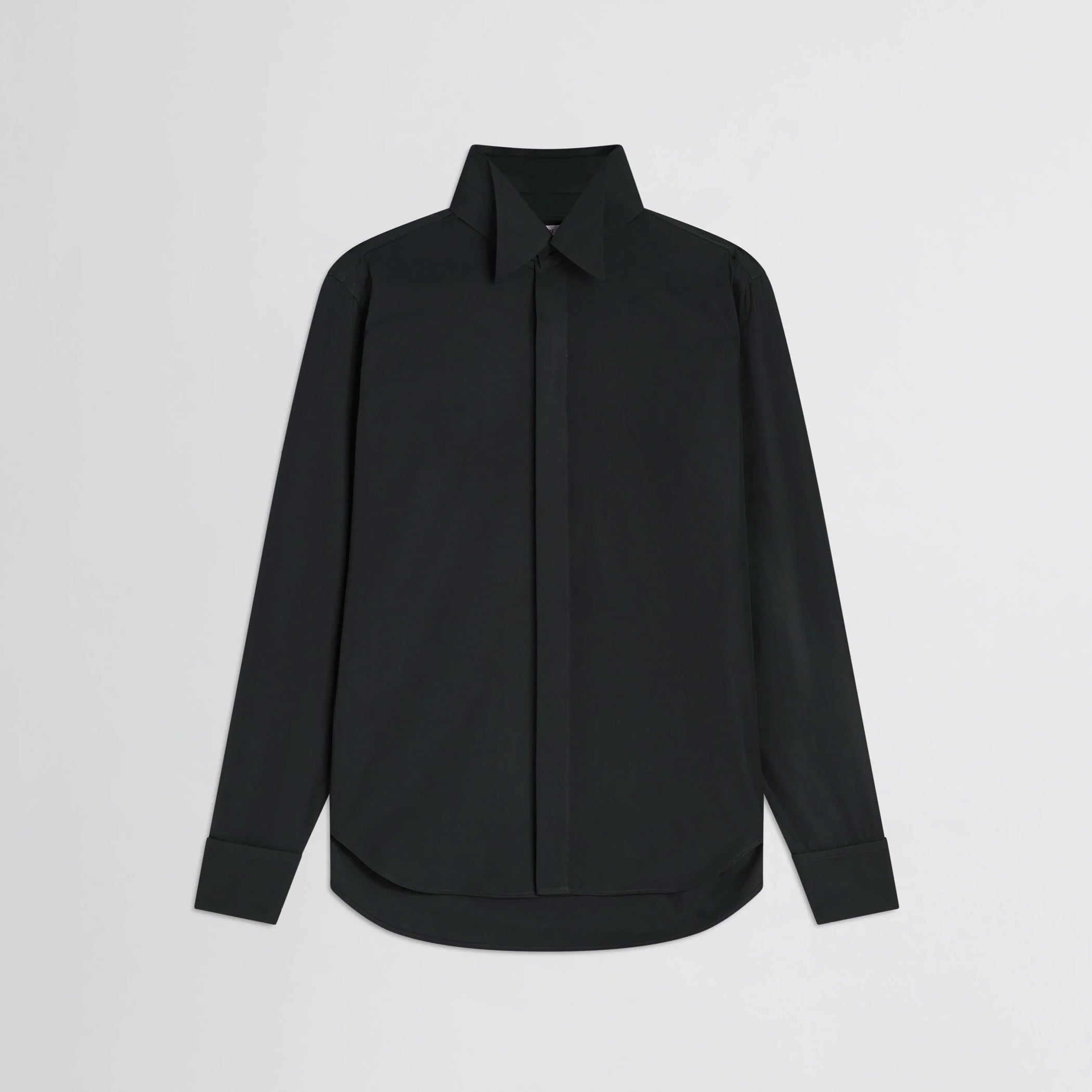 Flat front view of tuxedo shirt in black cotton.