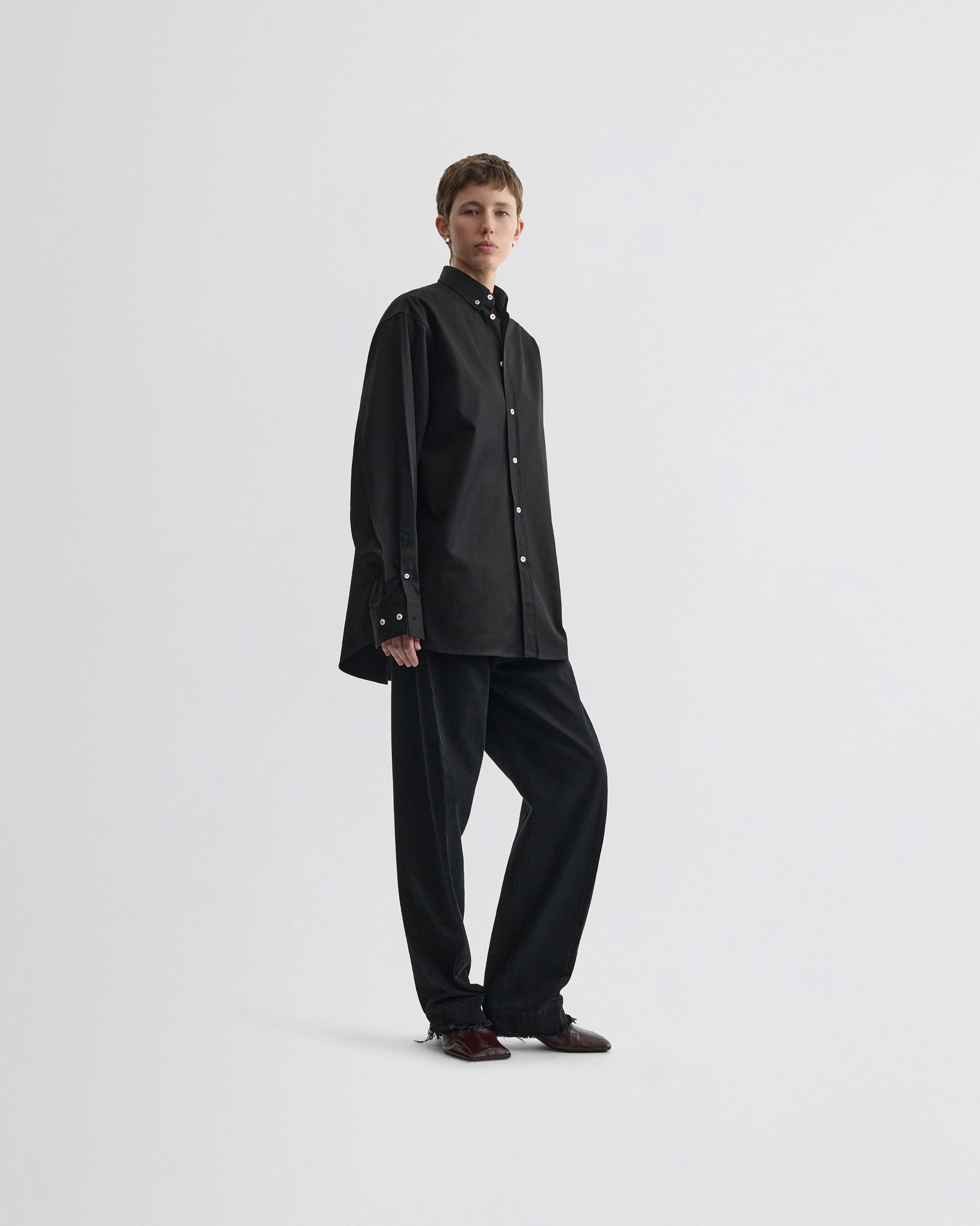 View of BUTTON COLLAR SHIRT in black cotton