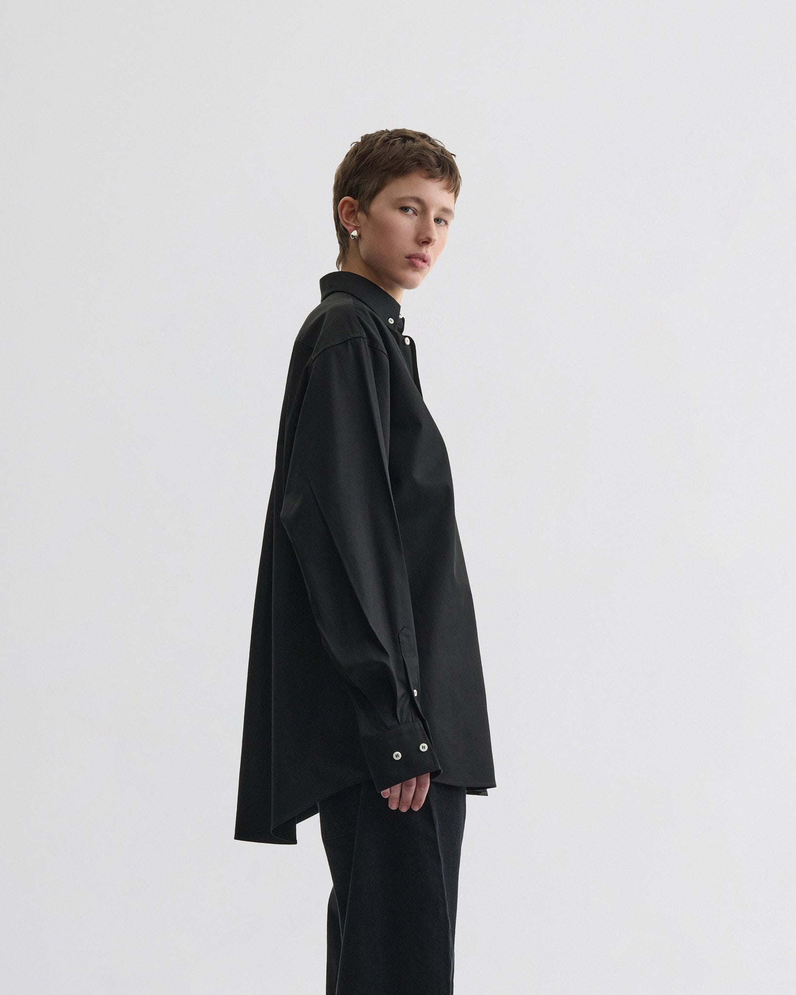 View of BUTTON COLLAR SHIRT in black cotton