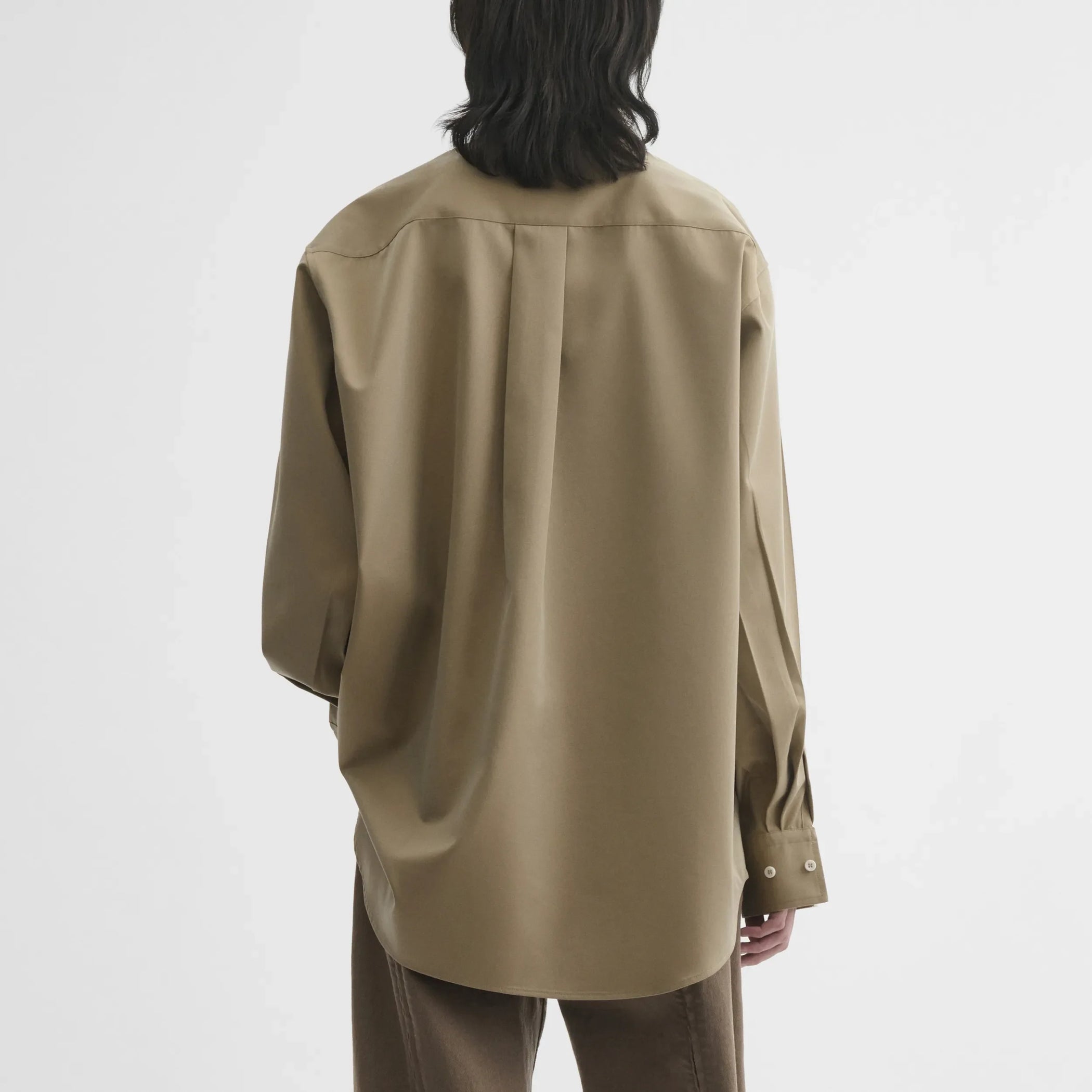 Back view of button collar shirt in trench cotton