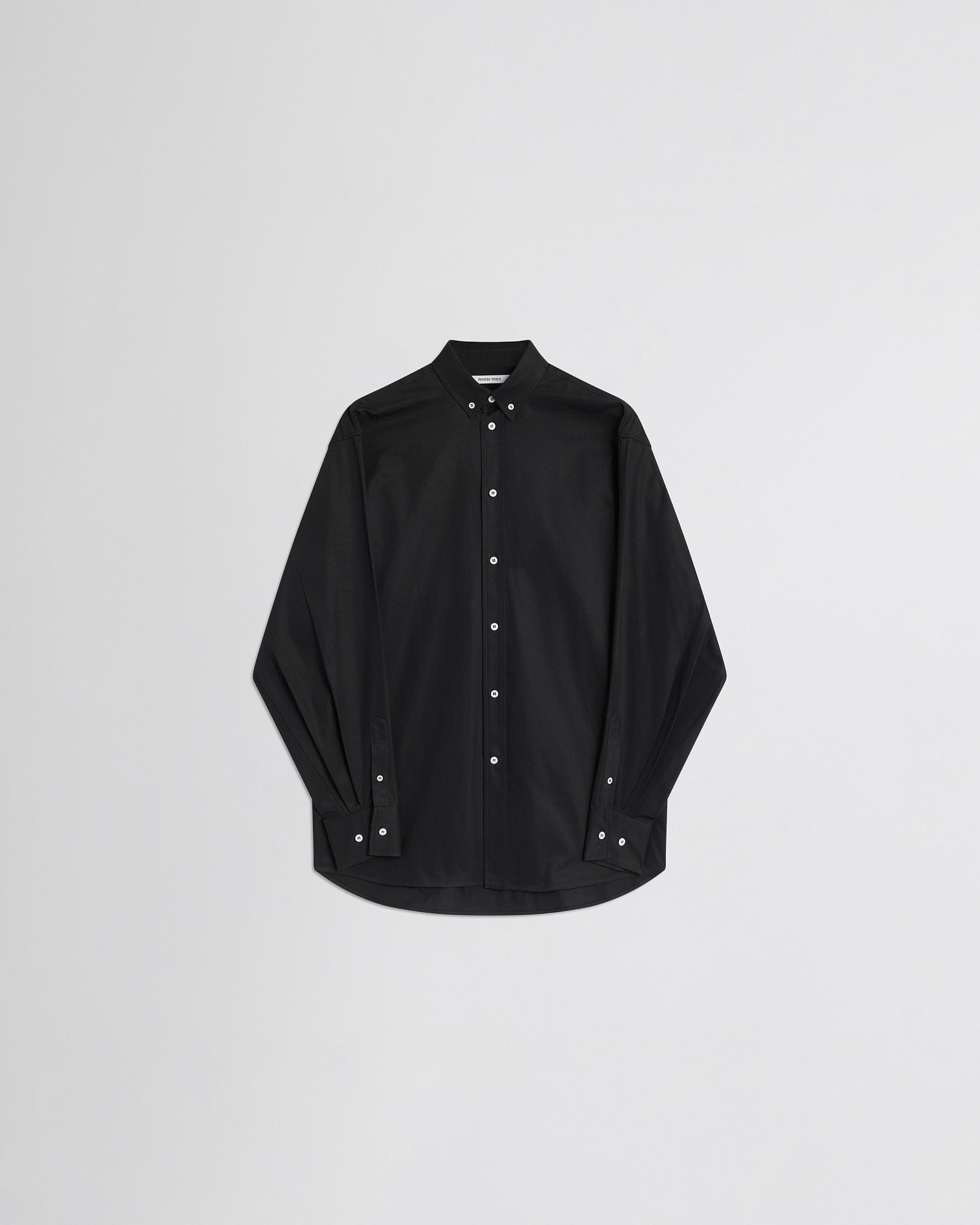 Flat front view of button collar shirt in midnight pinstripe cotton
