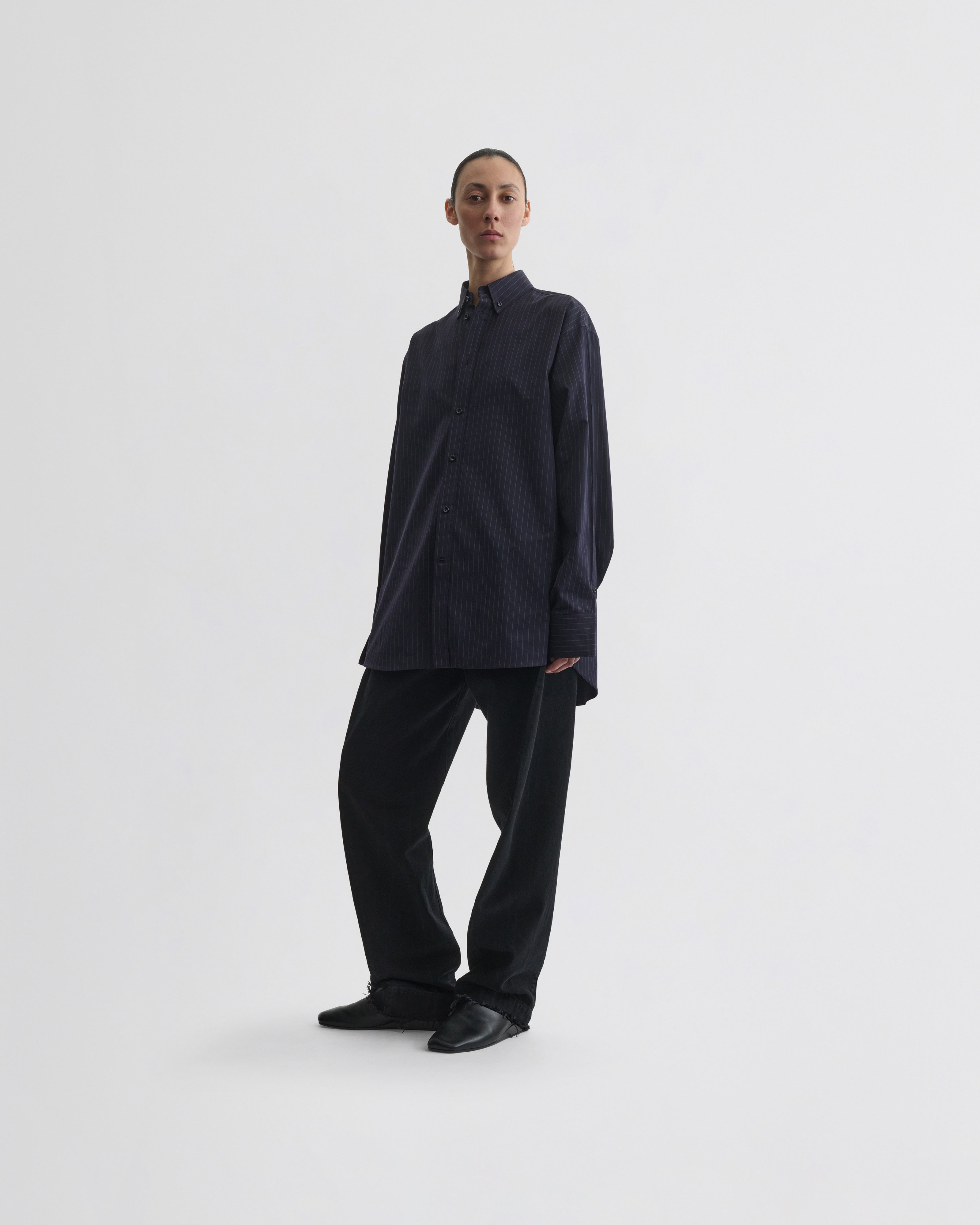 PHOEBE PHILO | BUTTON COLLAR SHIRT | MIDNIGHT PINSTRIPE COTTON