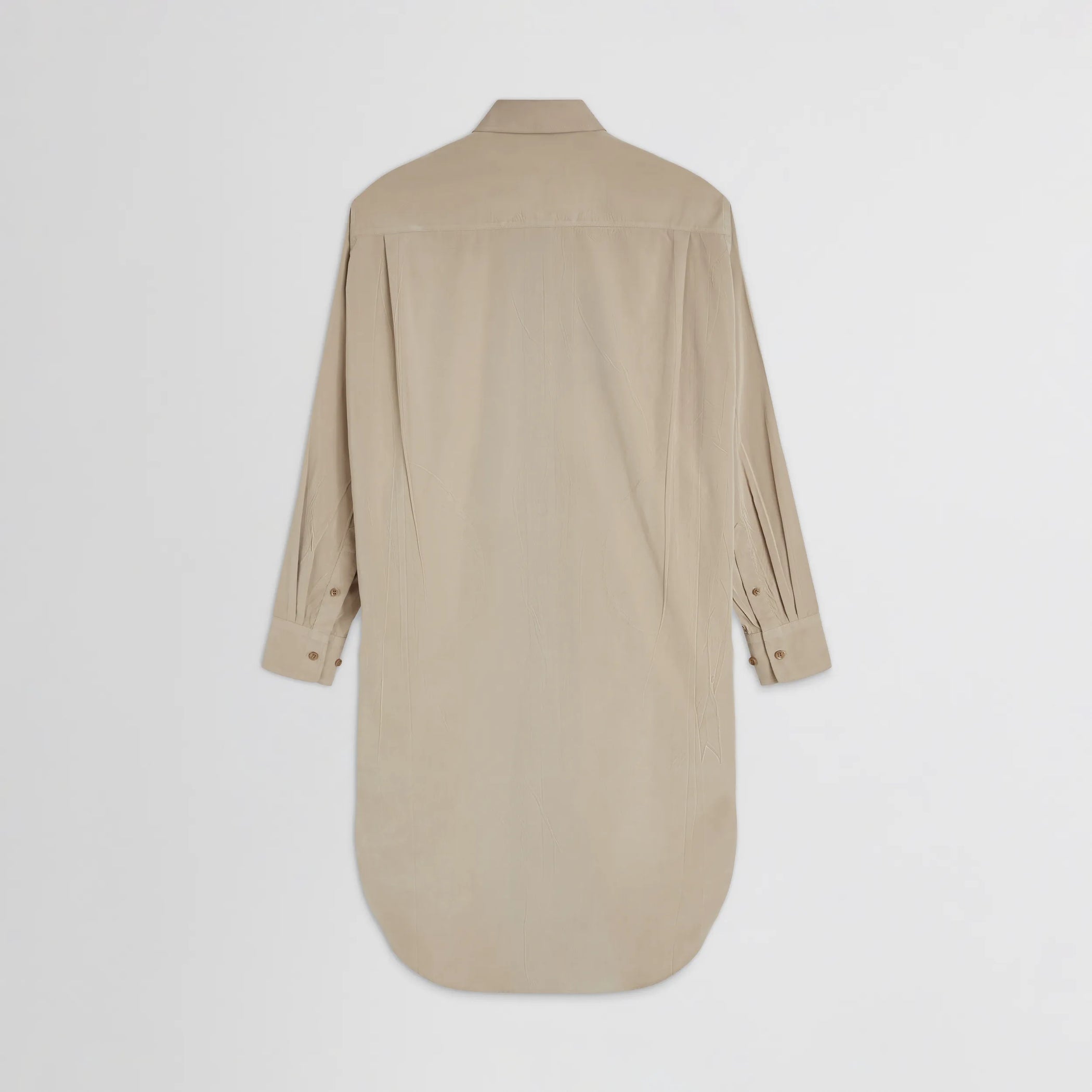 Flat back view of elongated shirt in trench cotton