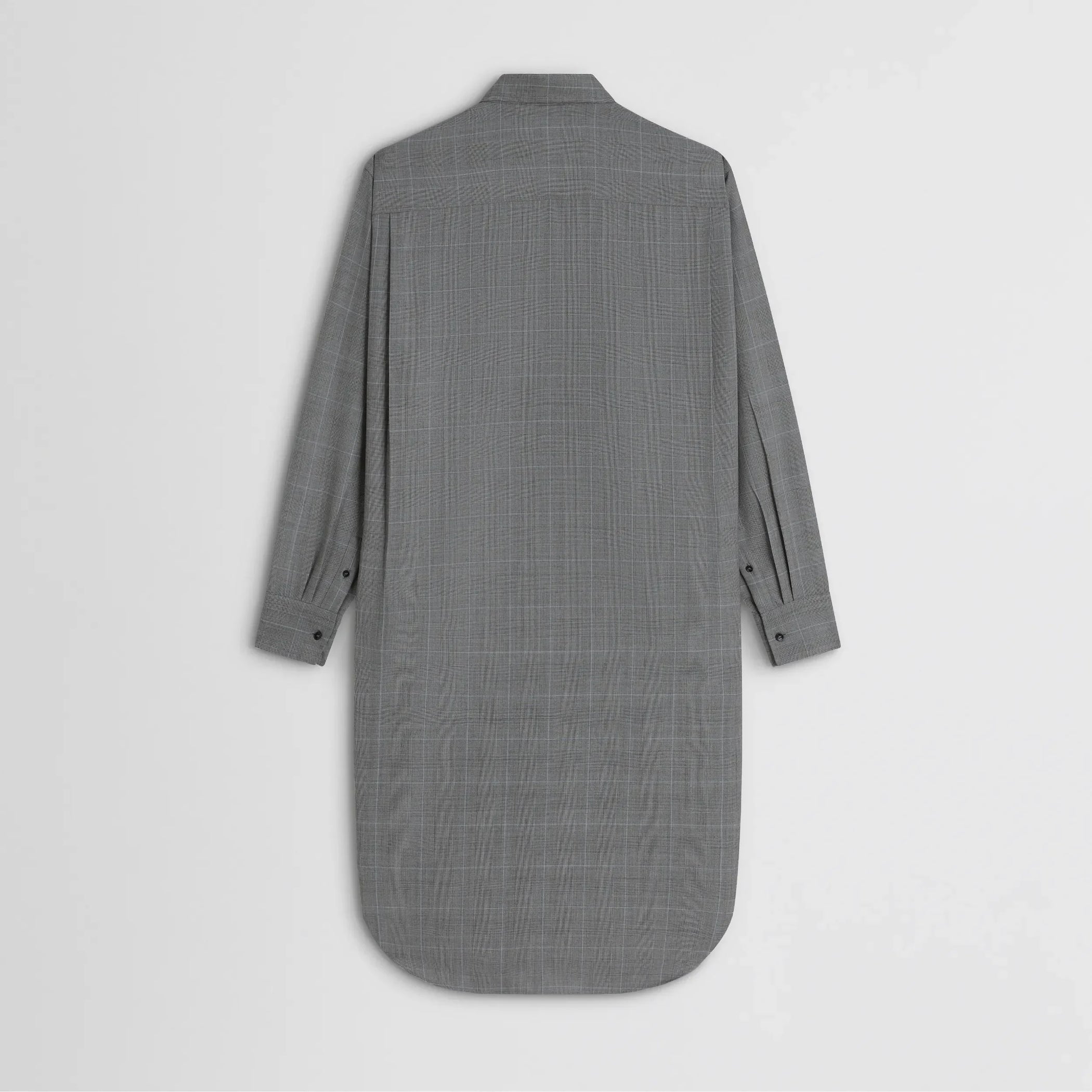 Flat back view of elongated shirt in black-blue wool