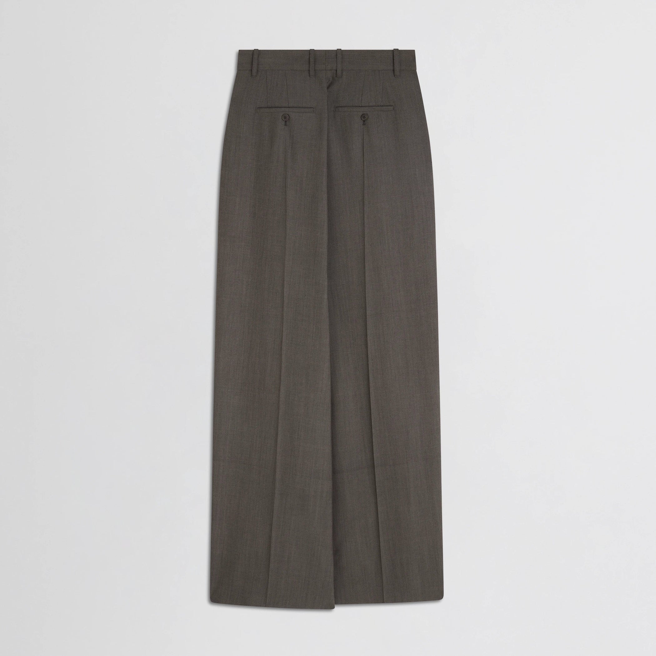 Flat back view of double slit tailored skirt in dark taupe wool.