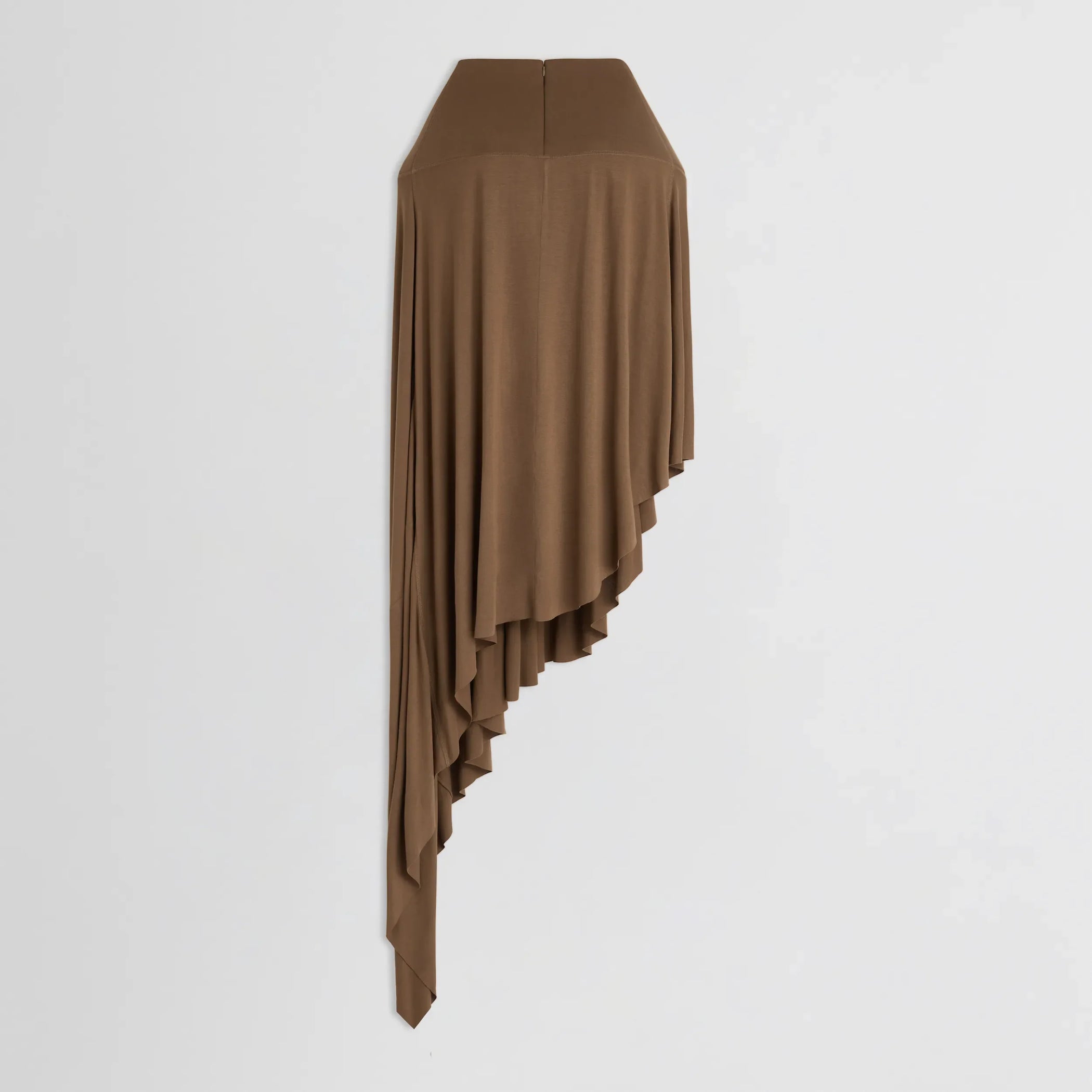 Flat back view of sculptural skirt in toffee jersey