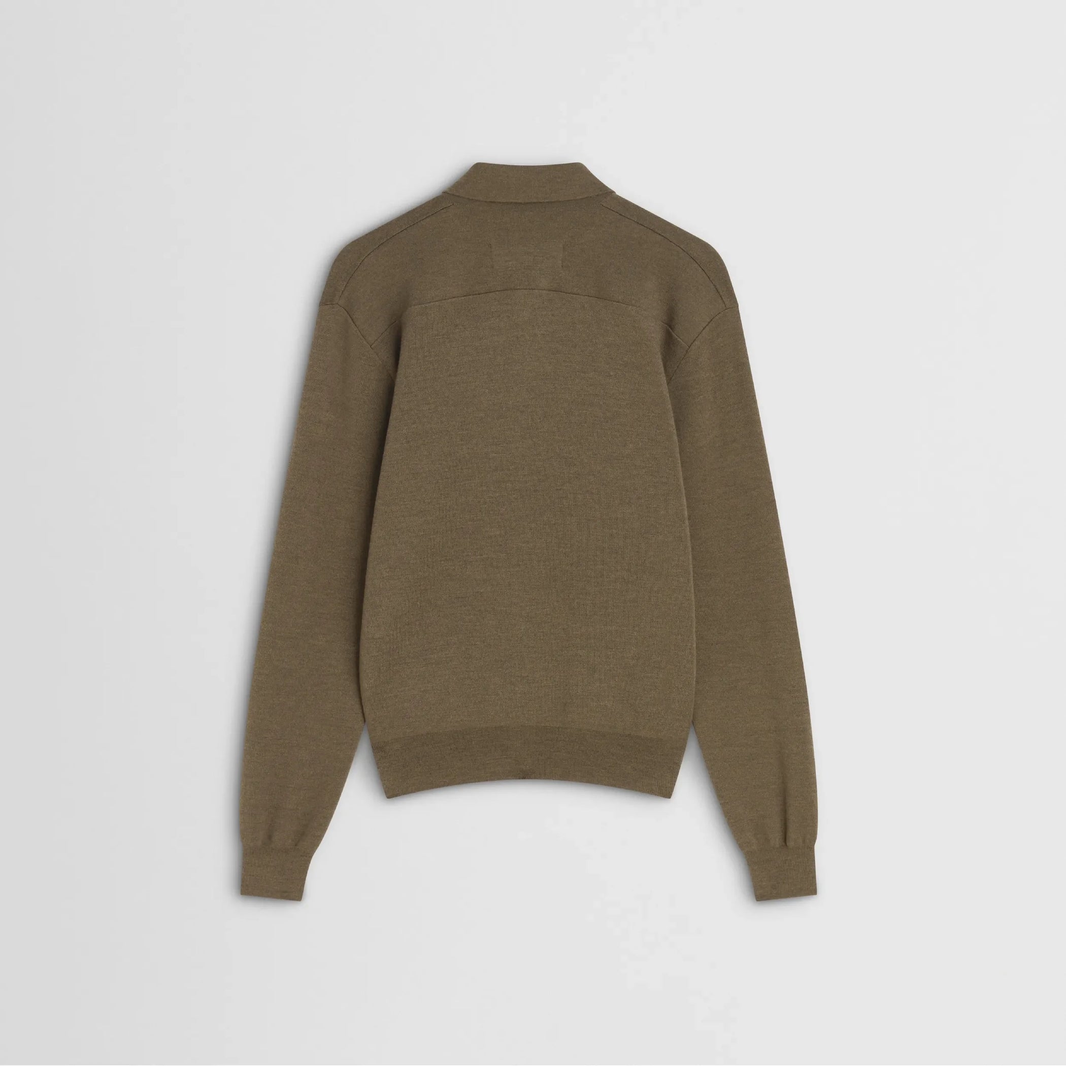 Flat back view of zip polo in taupe-melange wool