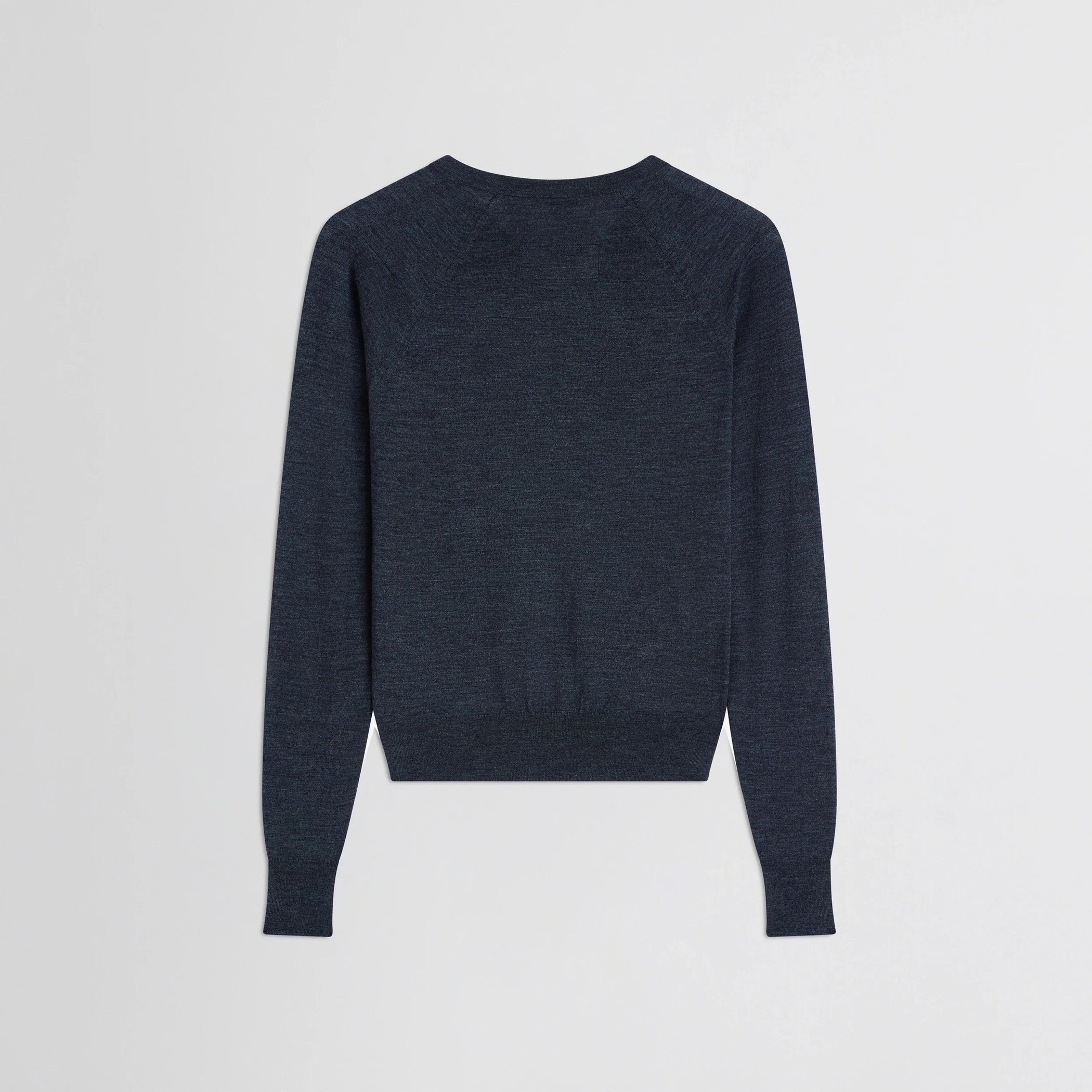 Flat back view of shrunk v-neck in dark blue melange wool.