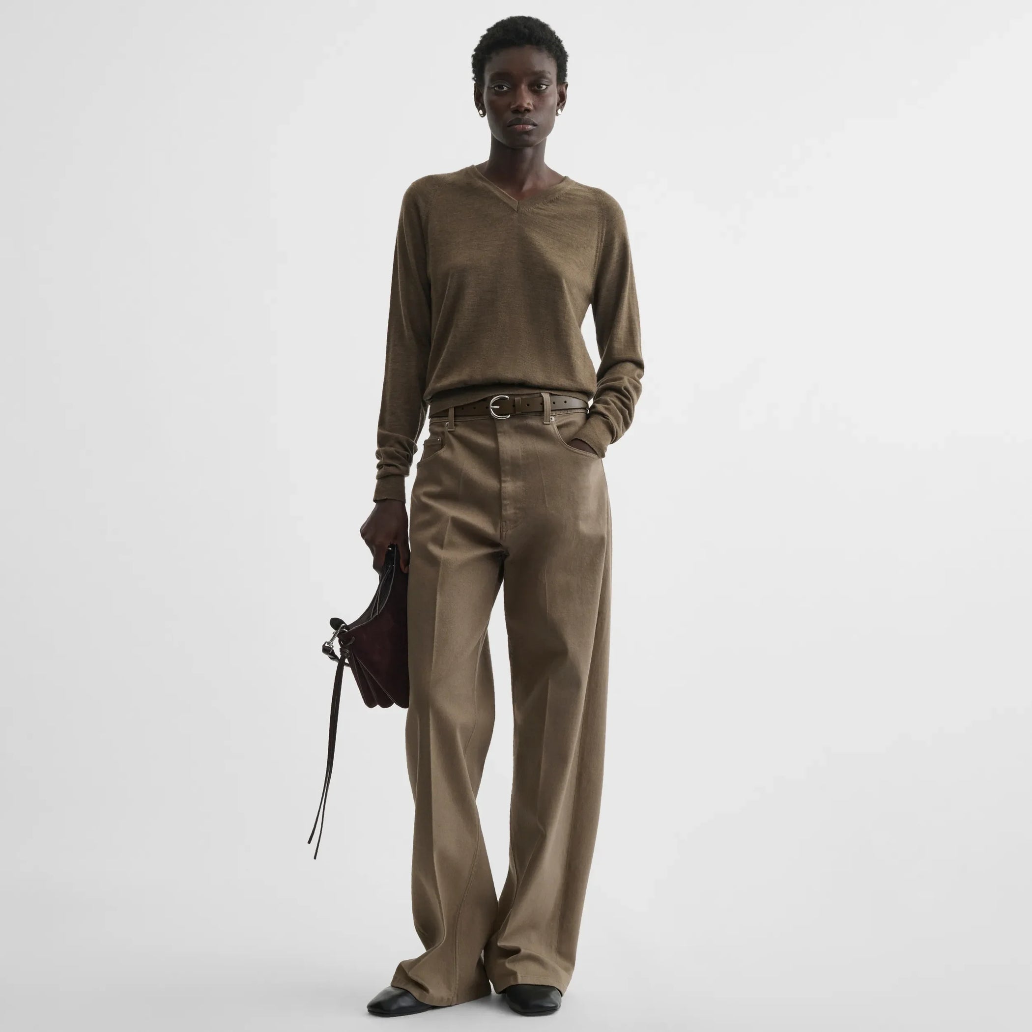 Front view of shrunk v-neck in taupe wool