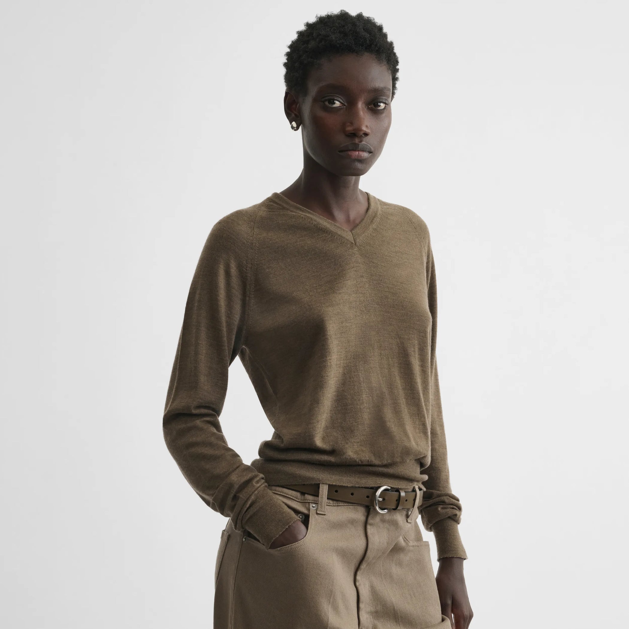 Front view of shrunk v-neck in taupe wool
