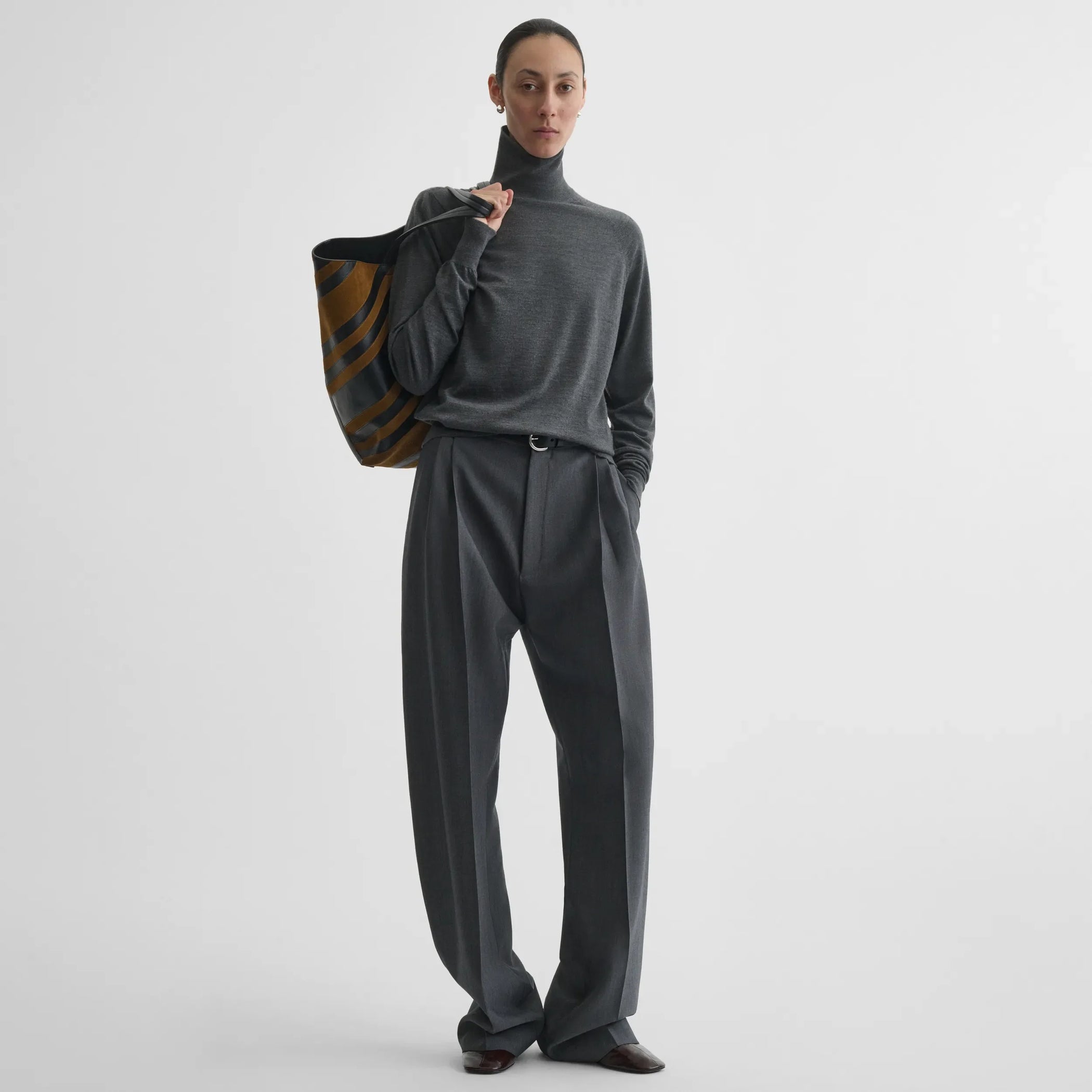 Front view of high neck jumper in anthracite-melange wool