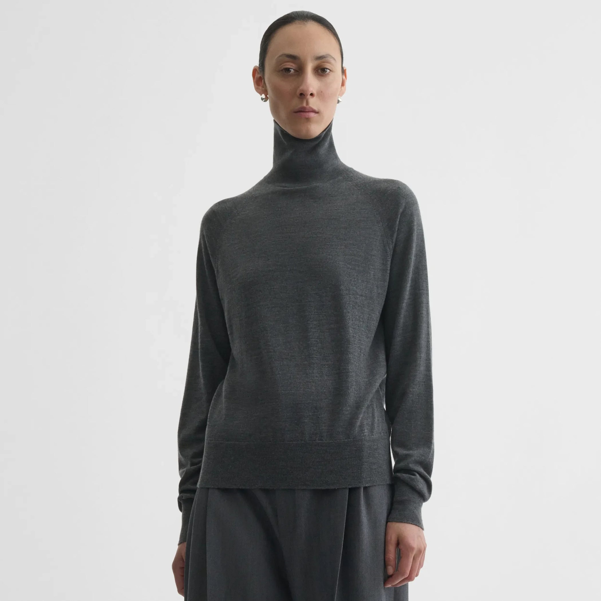 Front view of high neck jumper in anthracite-melange wool