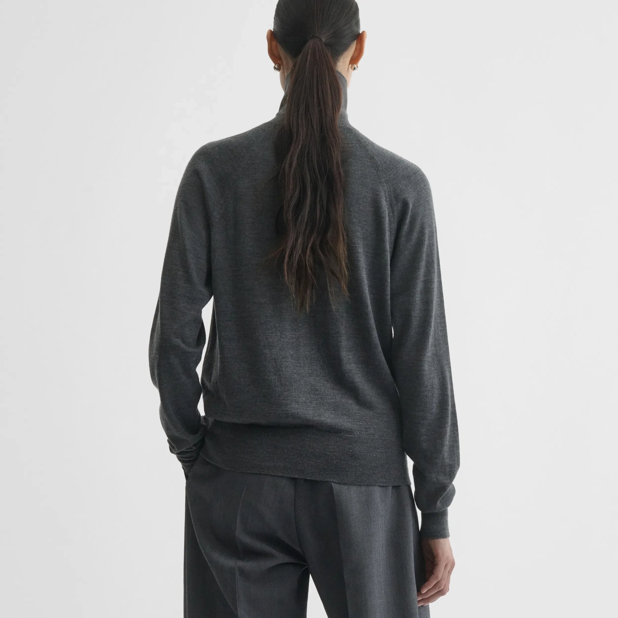 Back view of high neck jumper in anthracite-melange wool