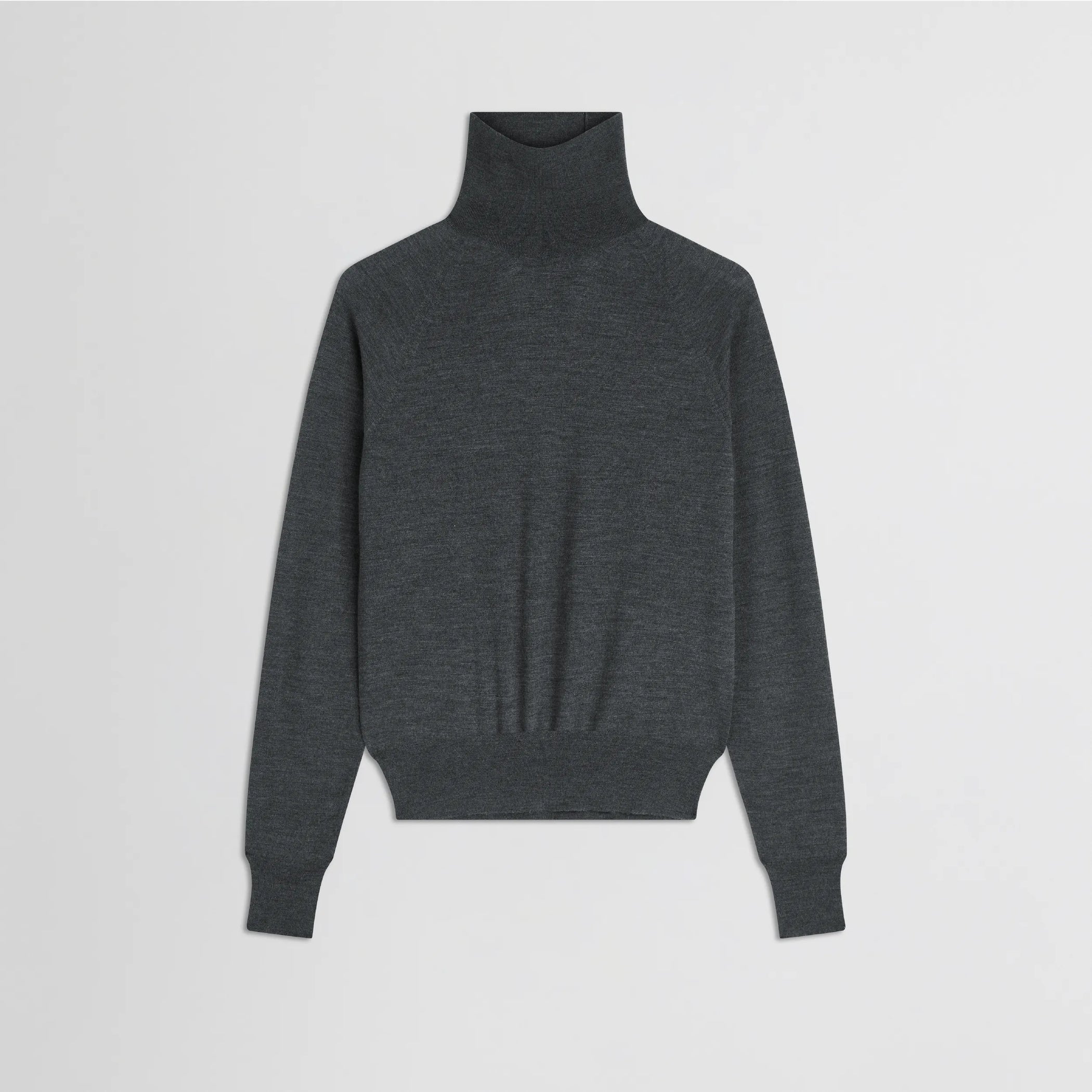 Flat front view of high neck jumper in anthracite-melange wool