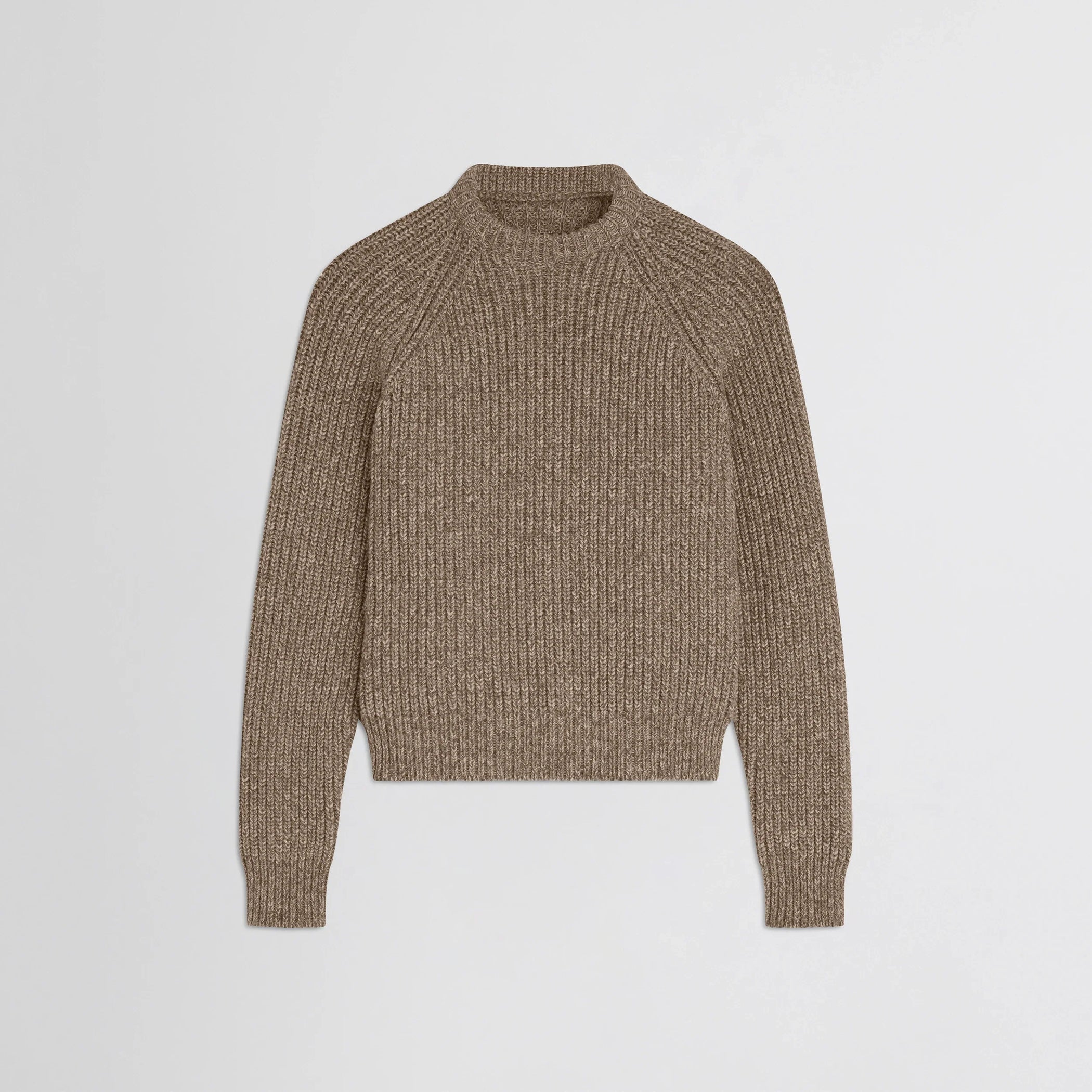 Flat front view of mouline jumper in camel wool.