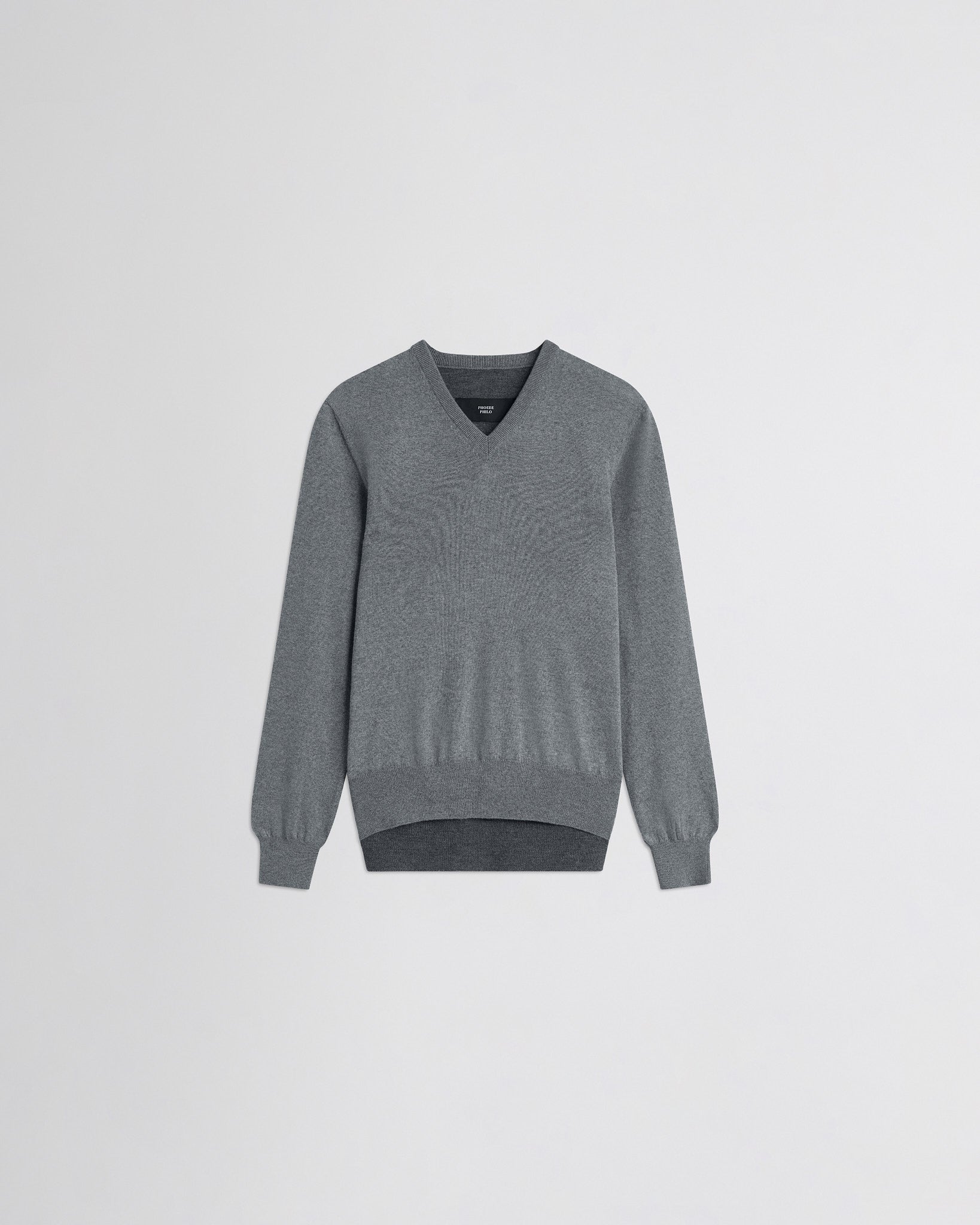 Flat front view of backed v-neck sweater in light grey wool