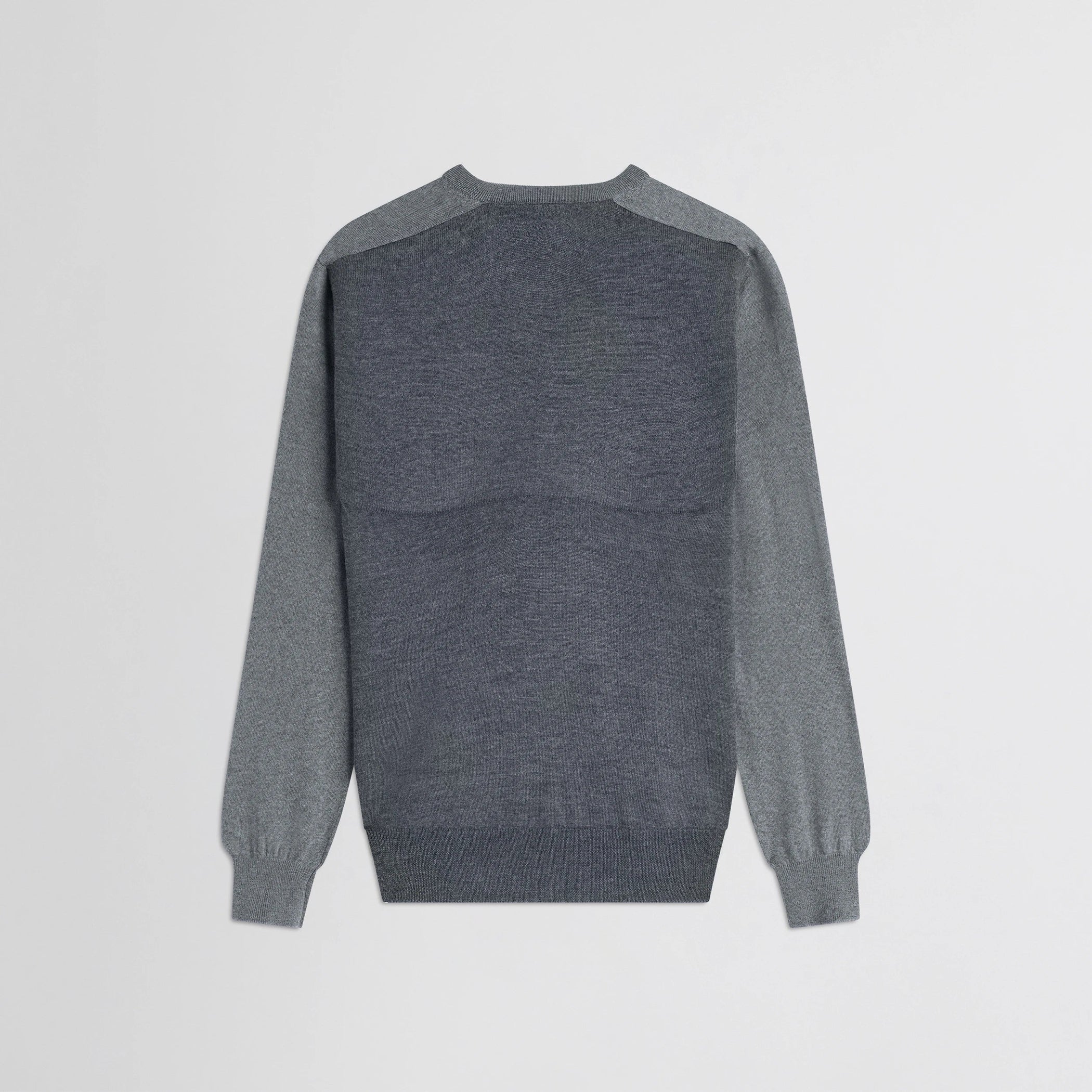Flat back view of backed v-neck sweater in light grey wool.