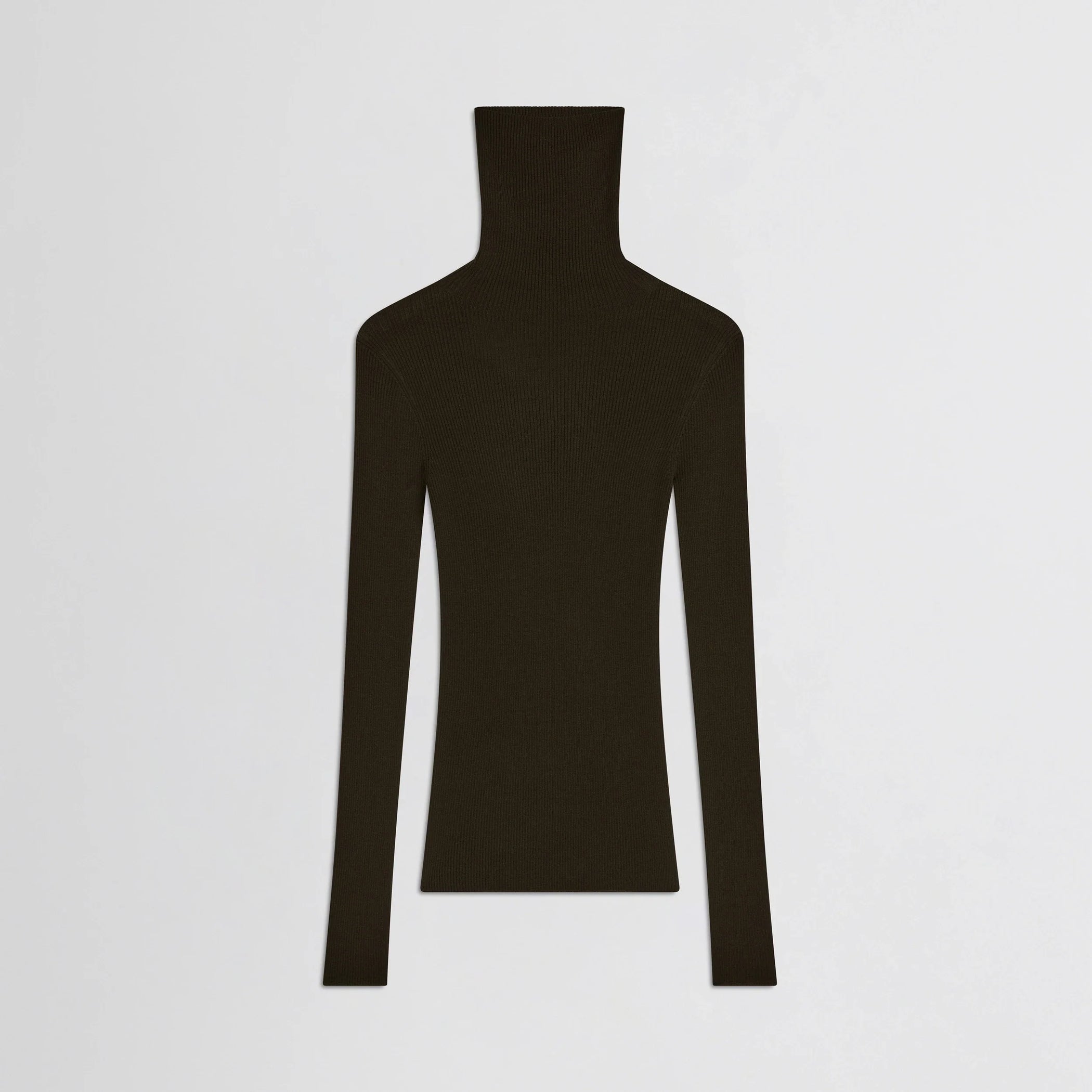 Flat front view of fine rib high neck top in dark khaki wool.