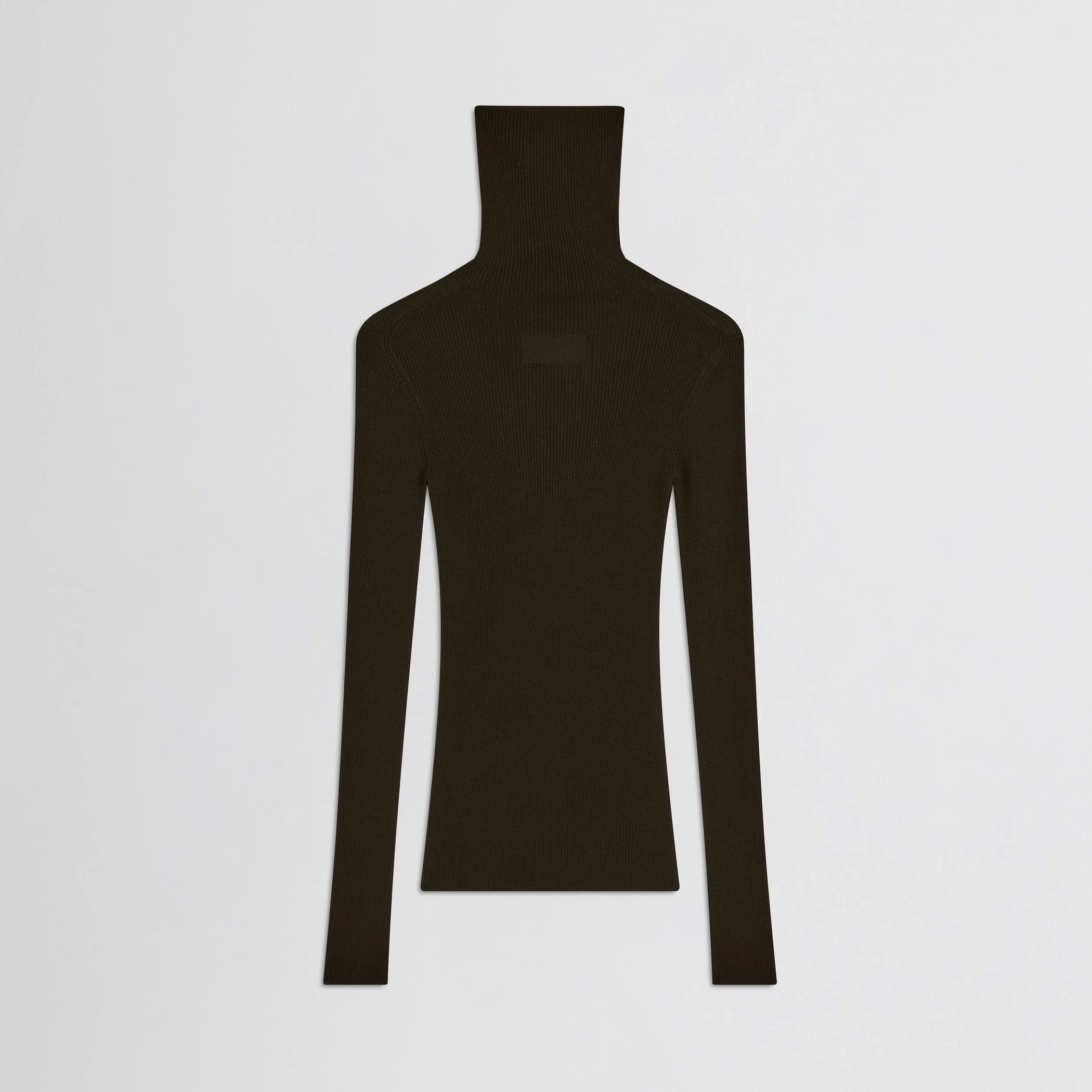 Flat back view of fine rib high neck top in dark khaki wool.