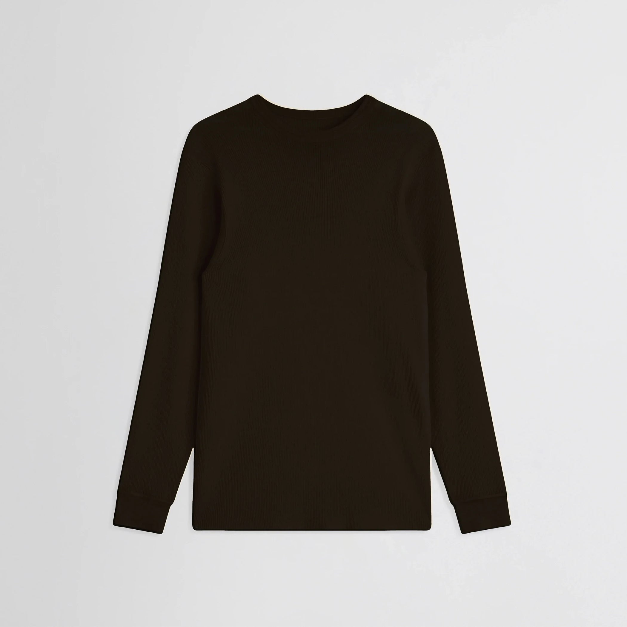 Flat front view of batwing crewneck in dark khaki wool.