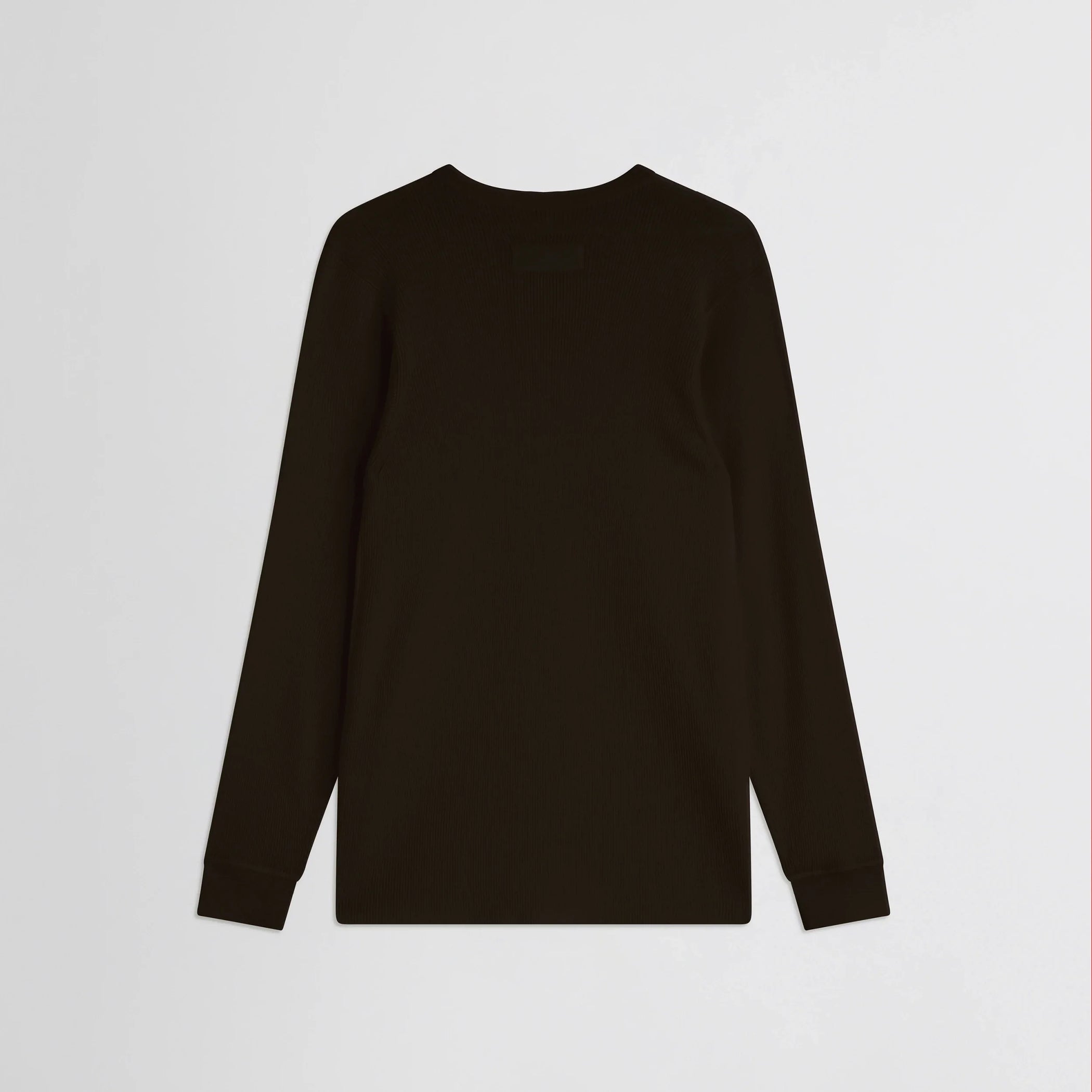 Flat back view of batwing crewneck in dark khaki wool.