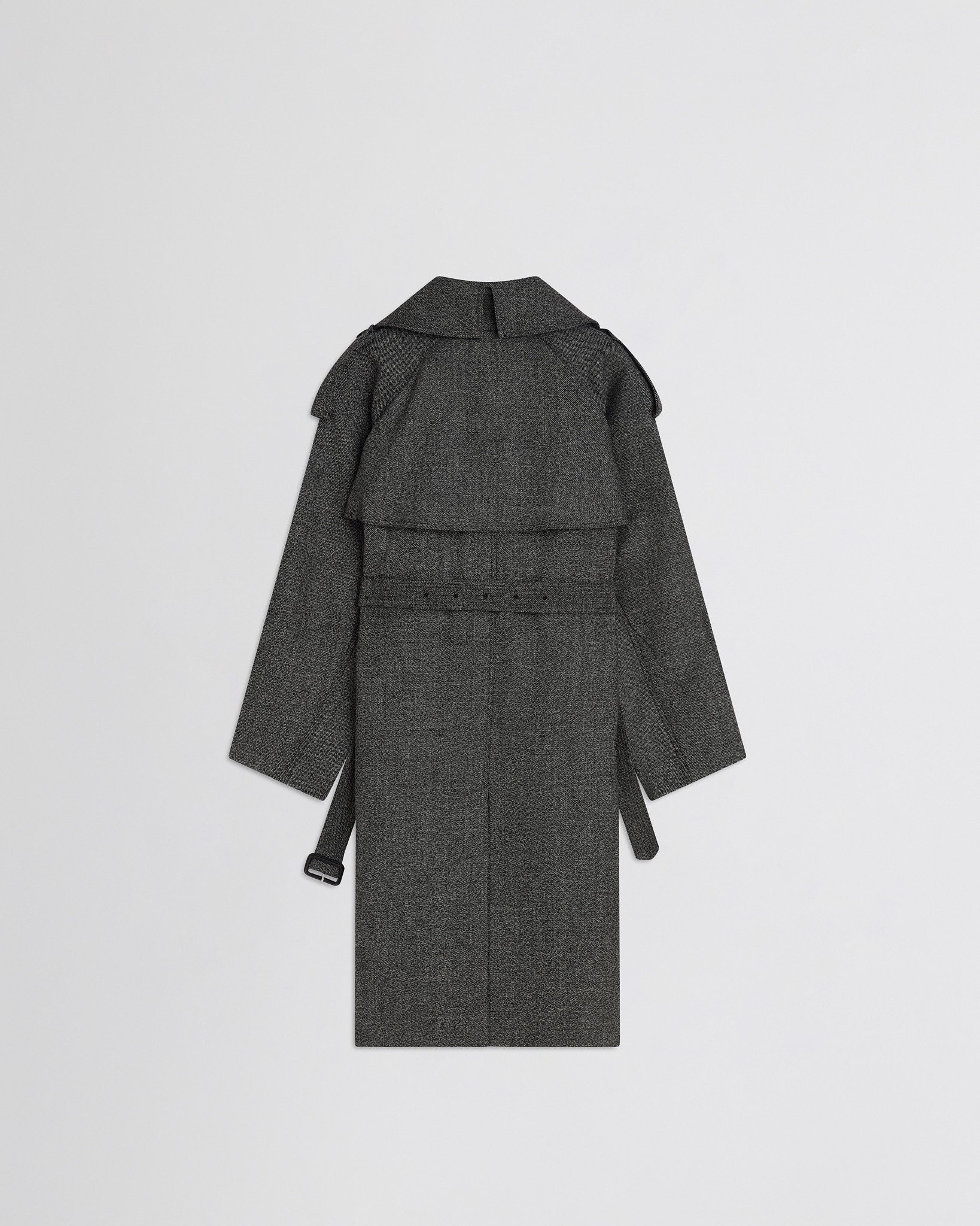 Flat back view of padded trench coat in salt and pepper wool.