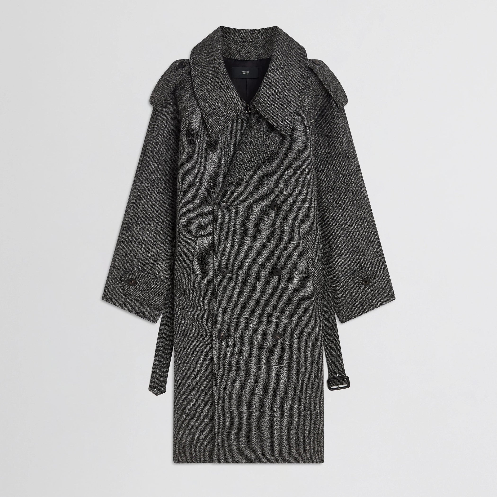 Flat front view of padded trench coat in salt and pepper wool.