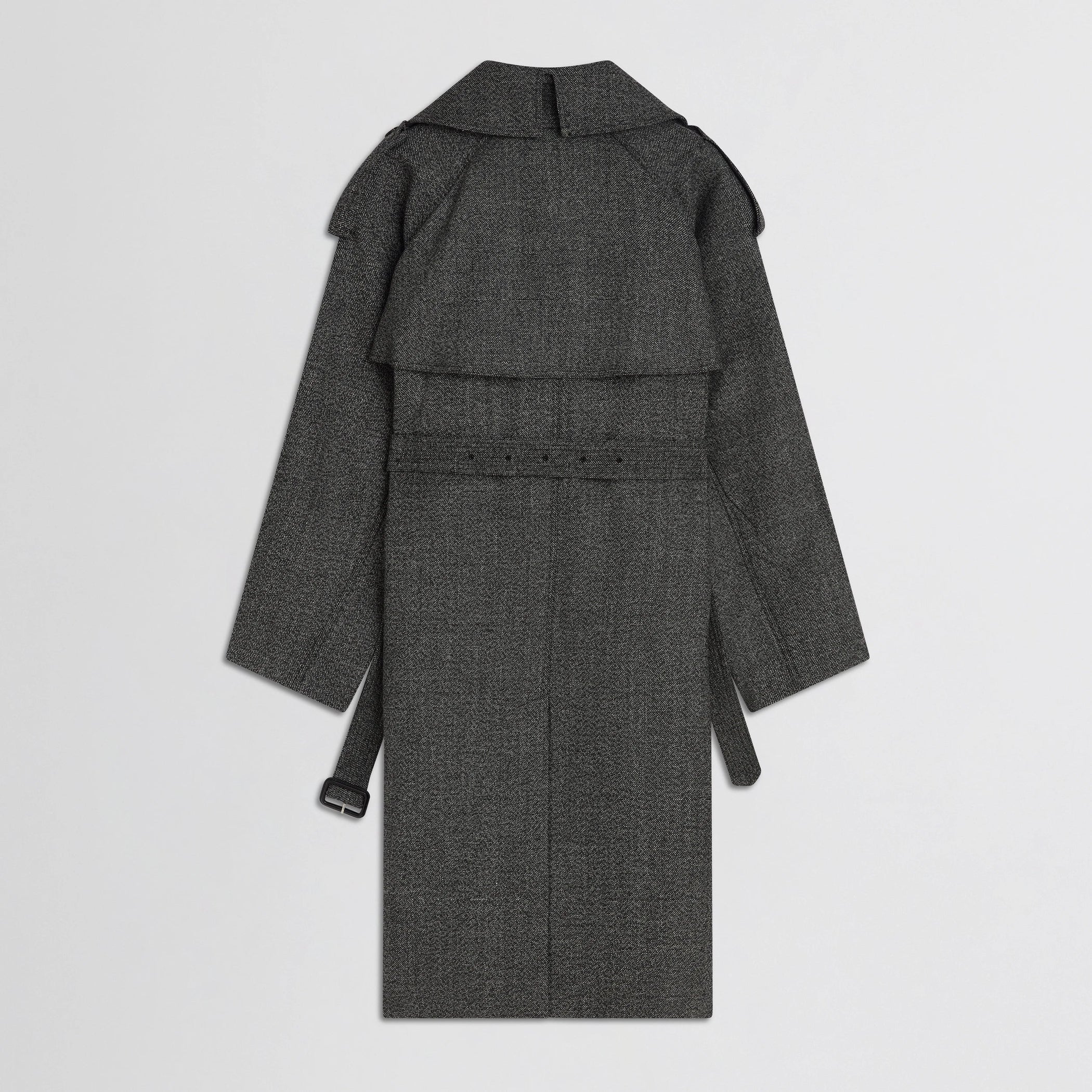 Flat back view of padded trench coat in salt and pepper wool.