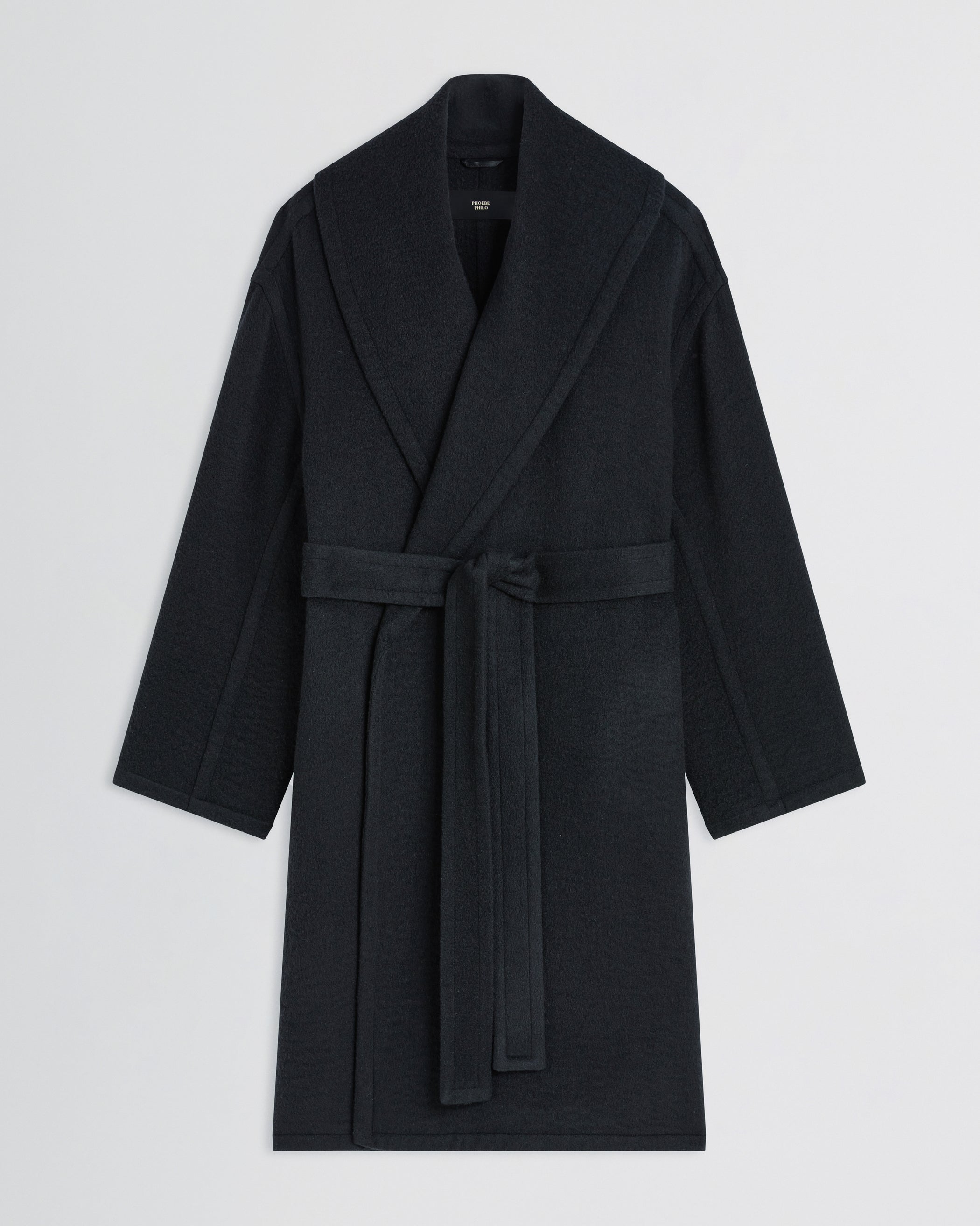 Flat front view of ROBE COAT in black cashmere