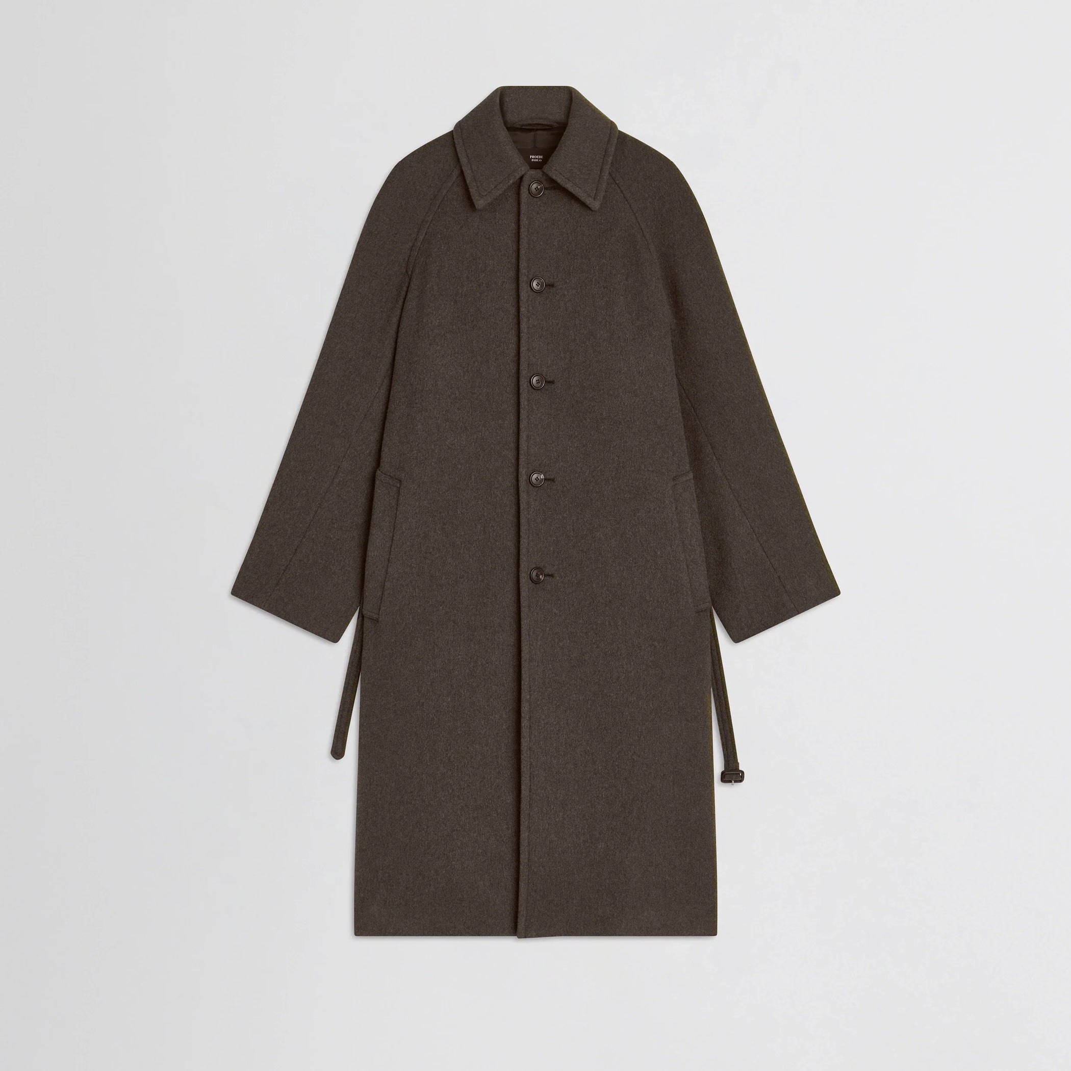 Flat front view of curve shoulder coat in brown cashmere.