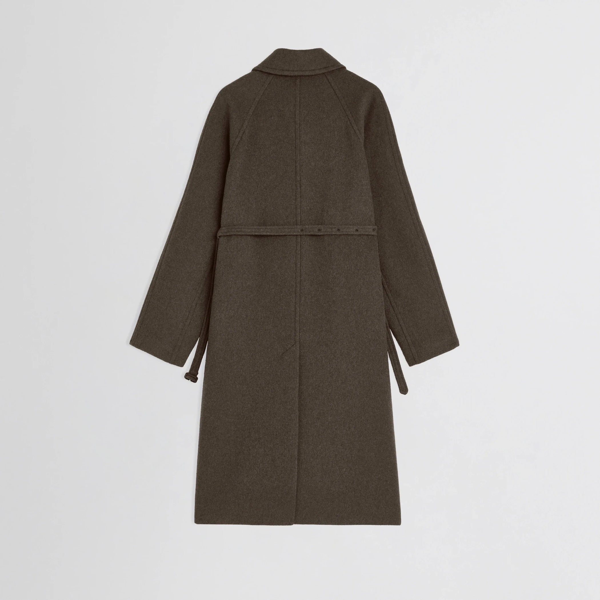 Flat back view of curve shoulder coat in brown cashmere.