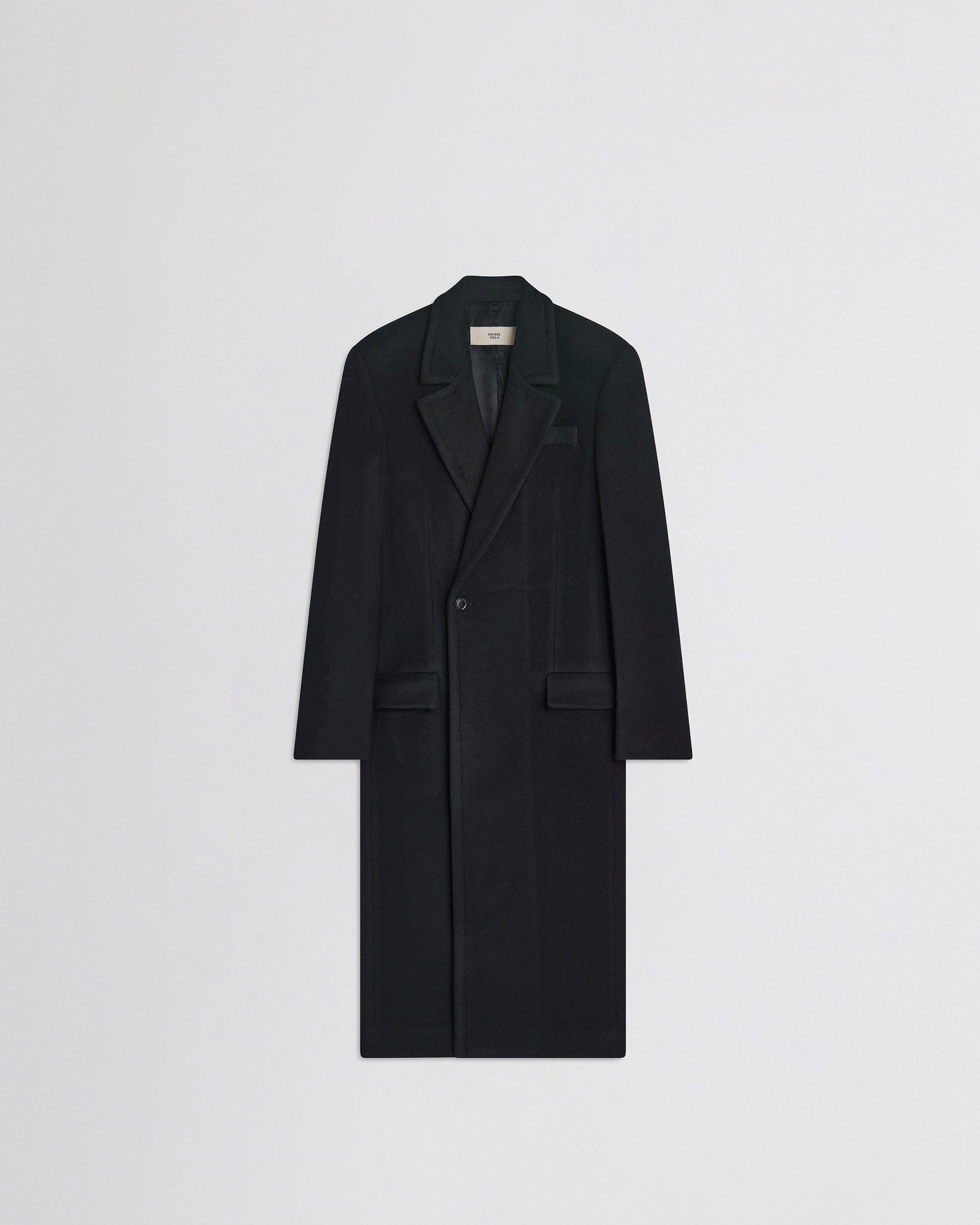 Flat front view of classic coat in black cashmere