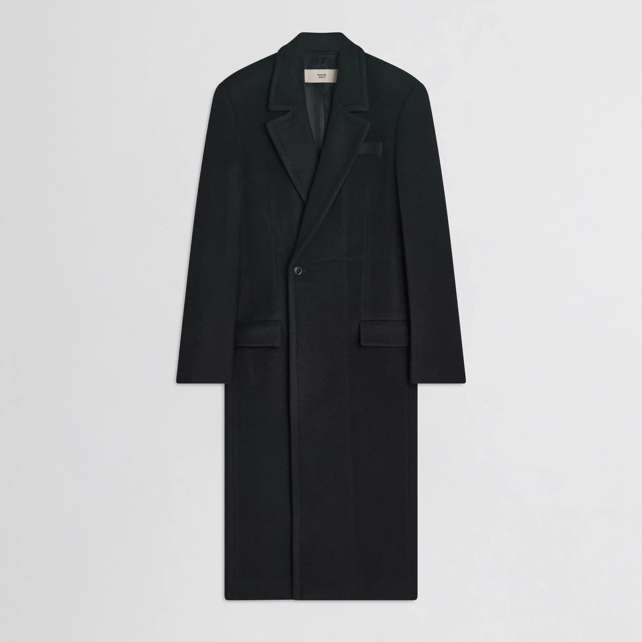 Flat front view of classic coat in black cashmere.