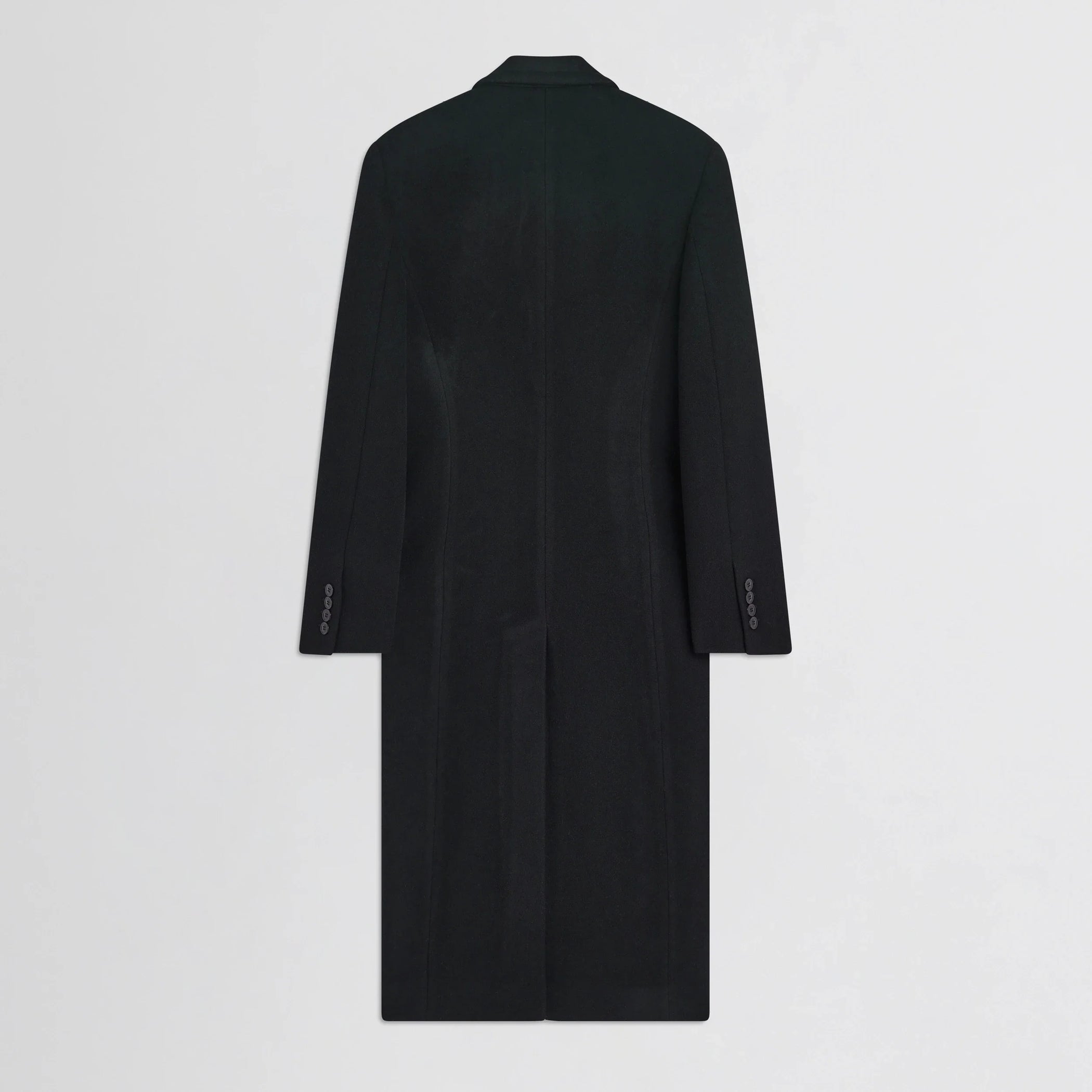 Flat back view of classic coat in black cashmere.