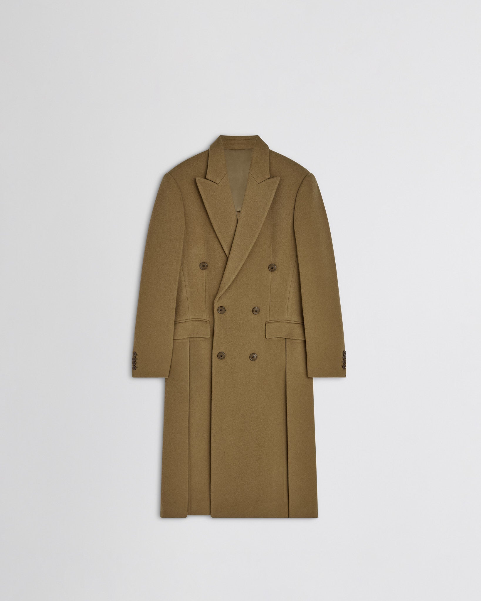 Flat front view of man's coat in tobacco cashmere