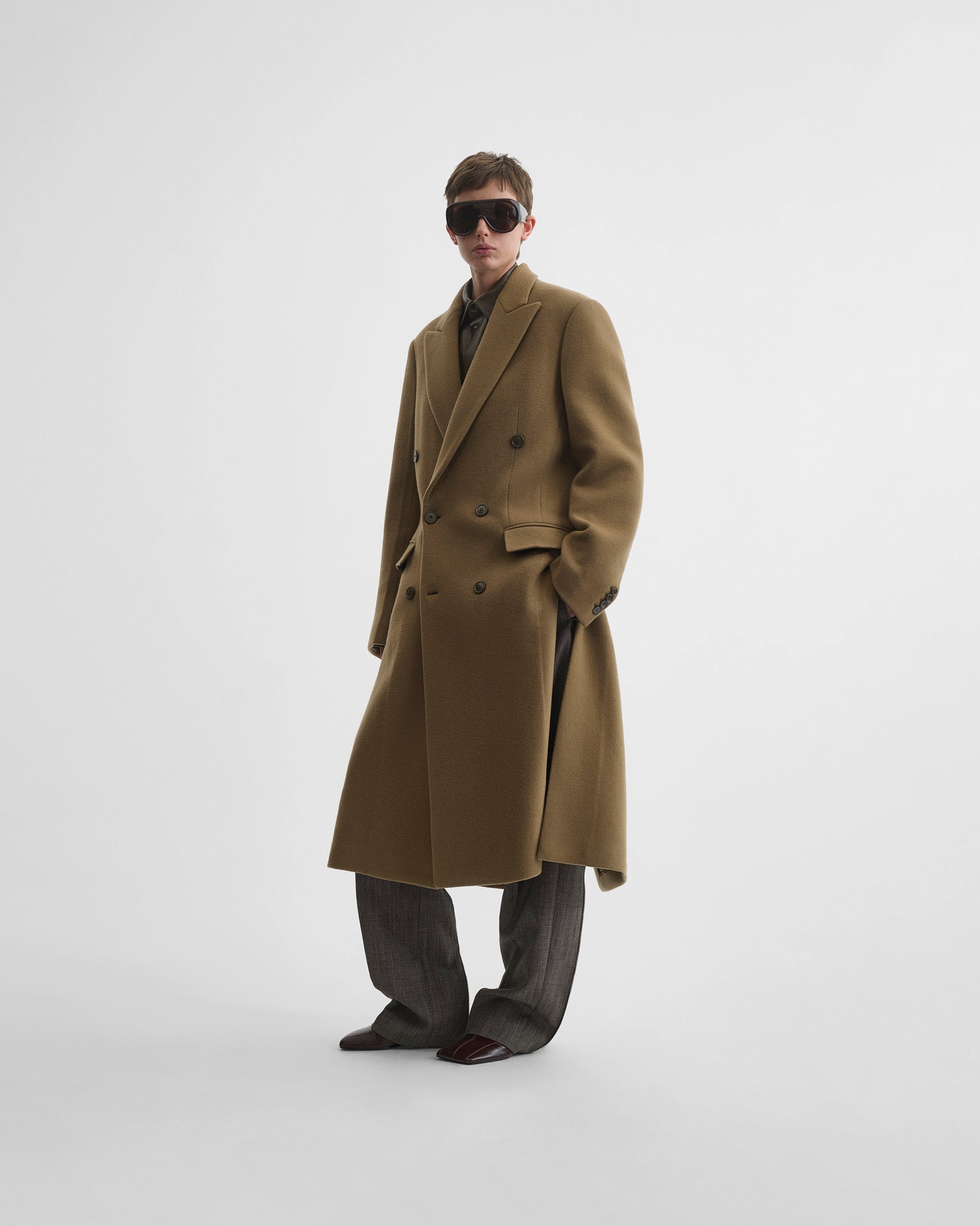 Side view of man's coat in tobacco cashmere