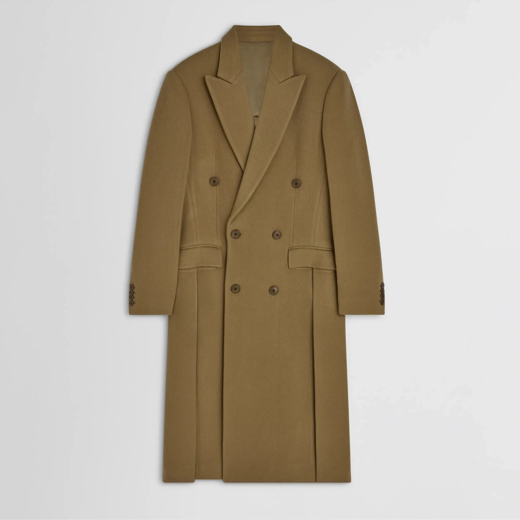Flat front view of man&#39;s coat in tobacco cashmere