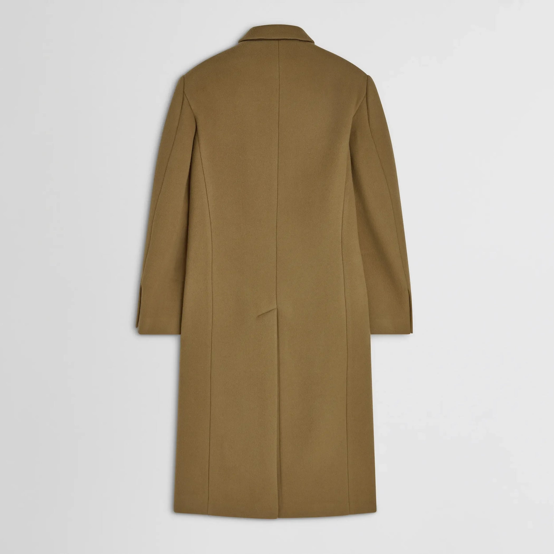 Flat back view of man&#39;s coat in tobacco cashmere