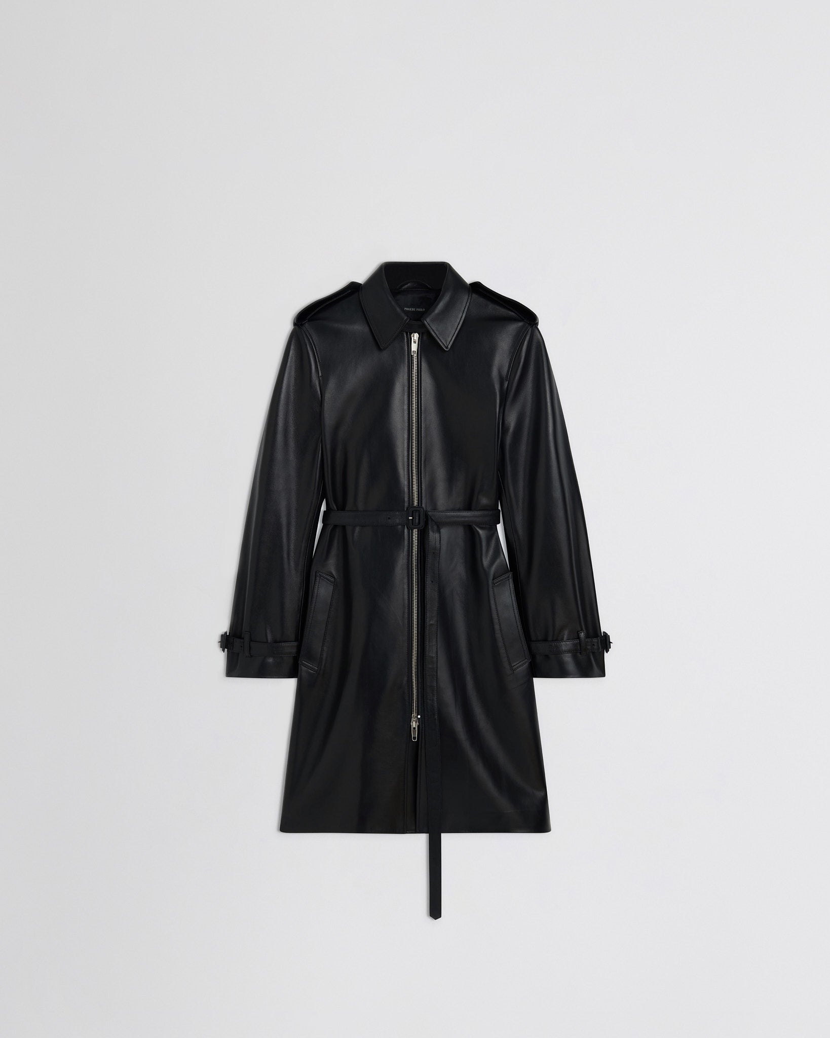 Front flat view of wearing Short Trench in black leather