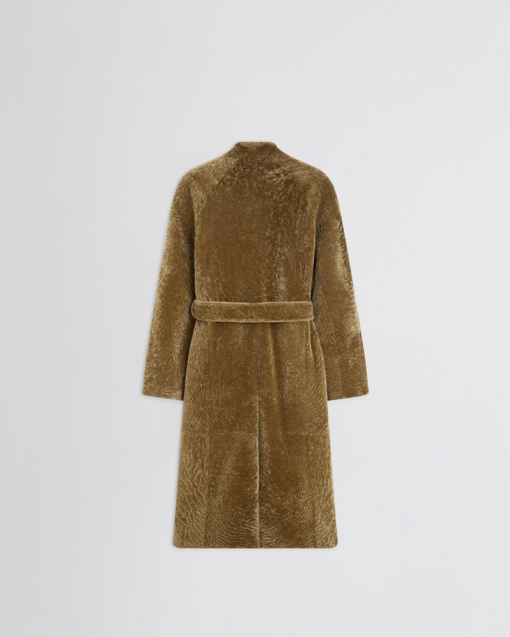 Flat back view of Shaved Robe Coat in tabac shearling