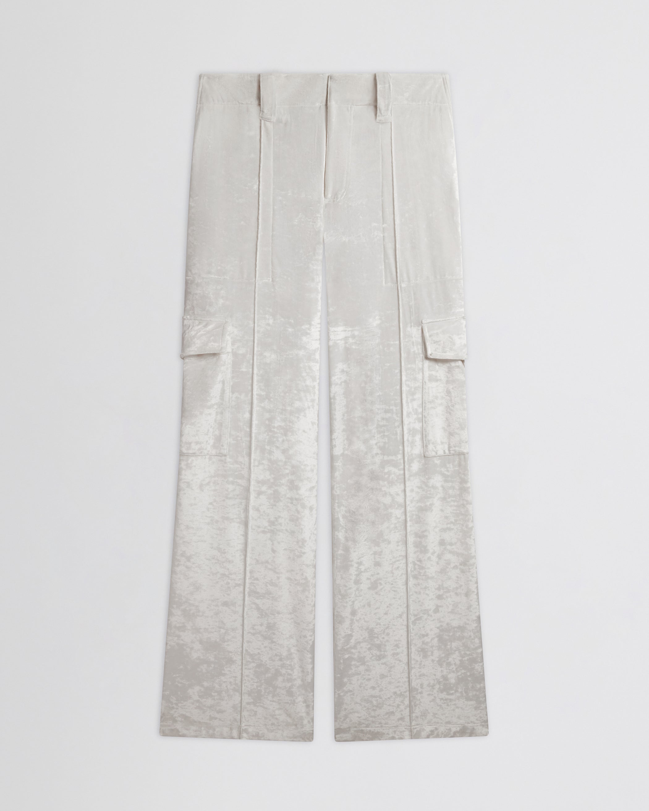 Flat front view of LIQUID CARGO TROUSERS  in white crushed velvet