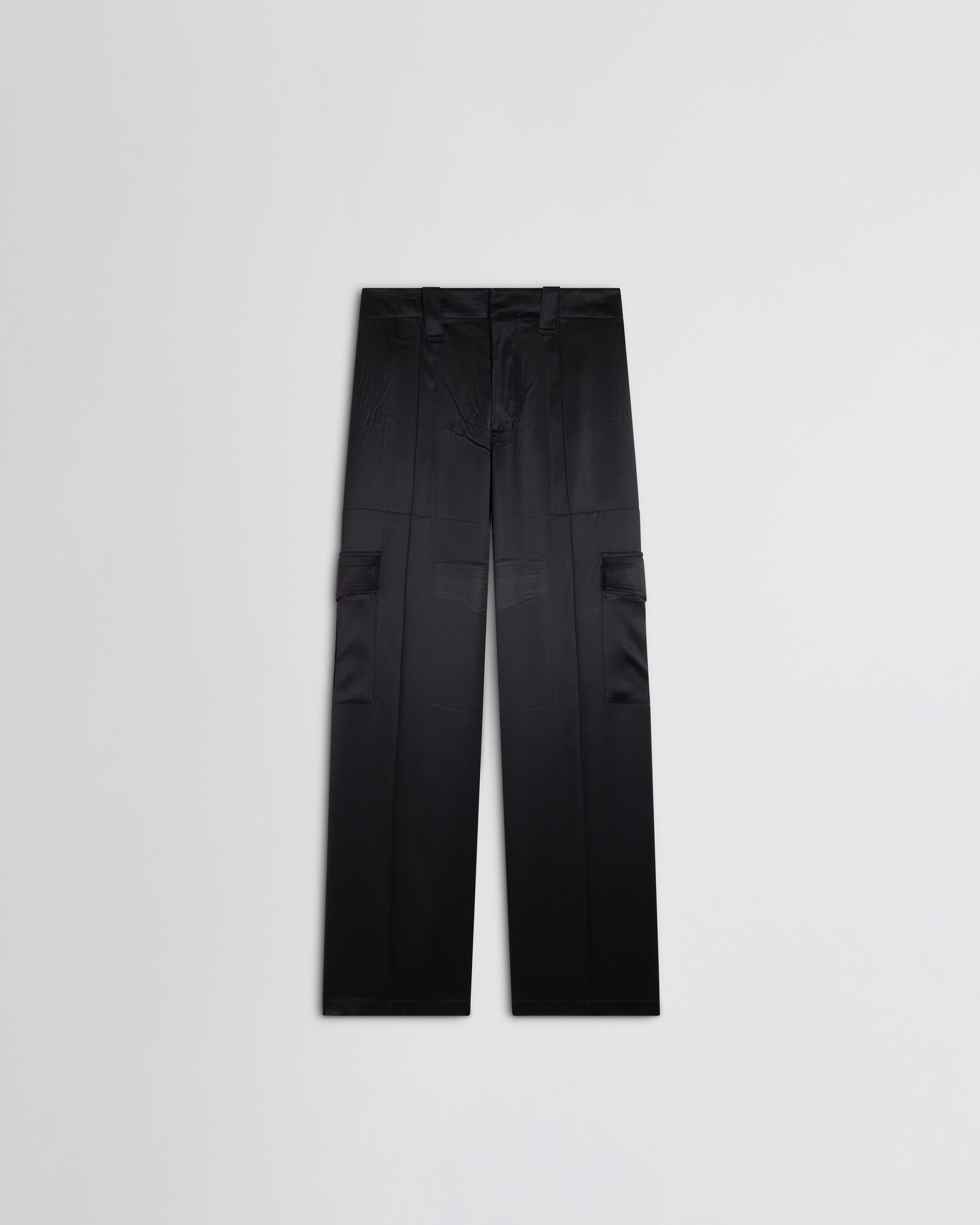 View of liquid cargo trousers in black silk