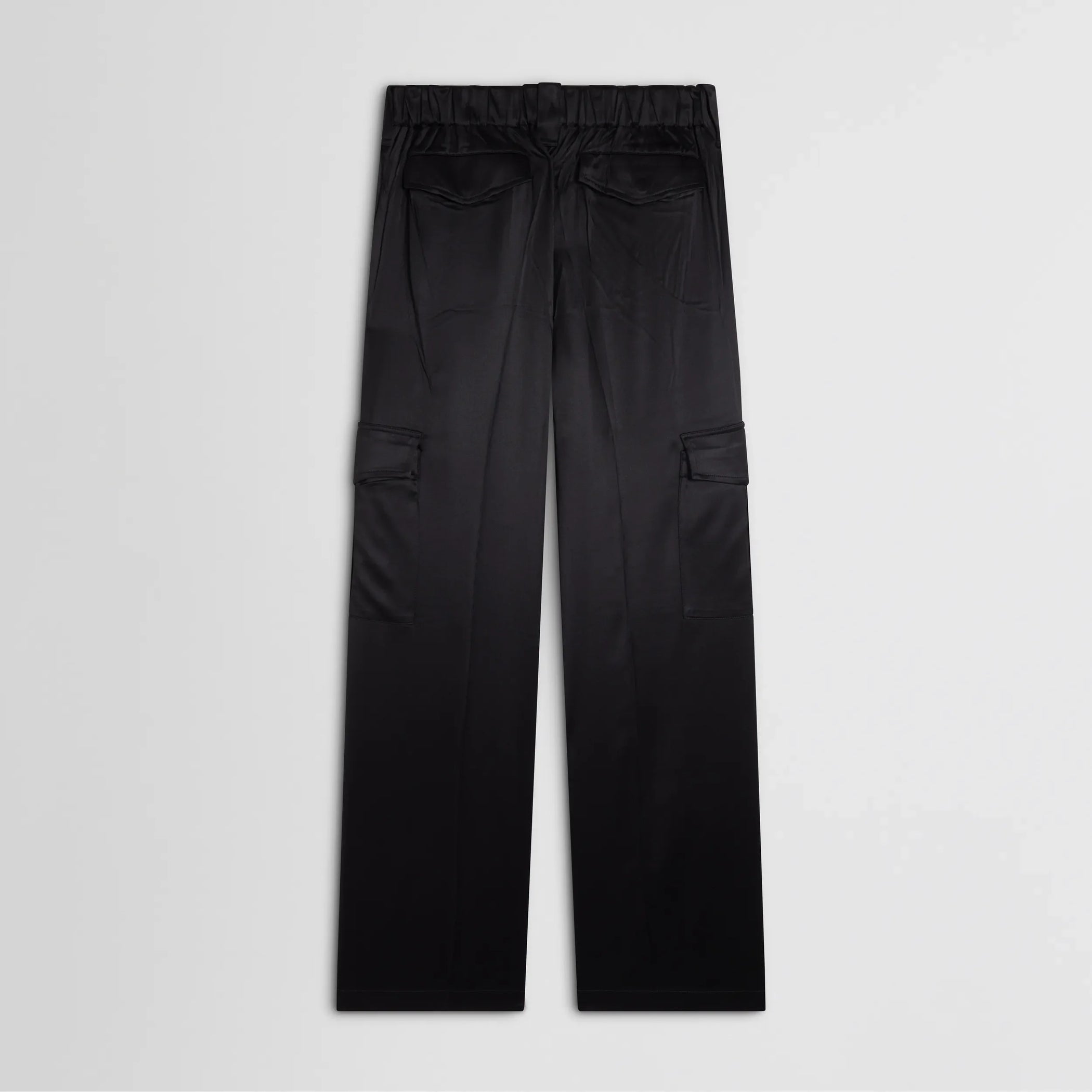 Flat back view of liquid cargo trousers in black silk
