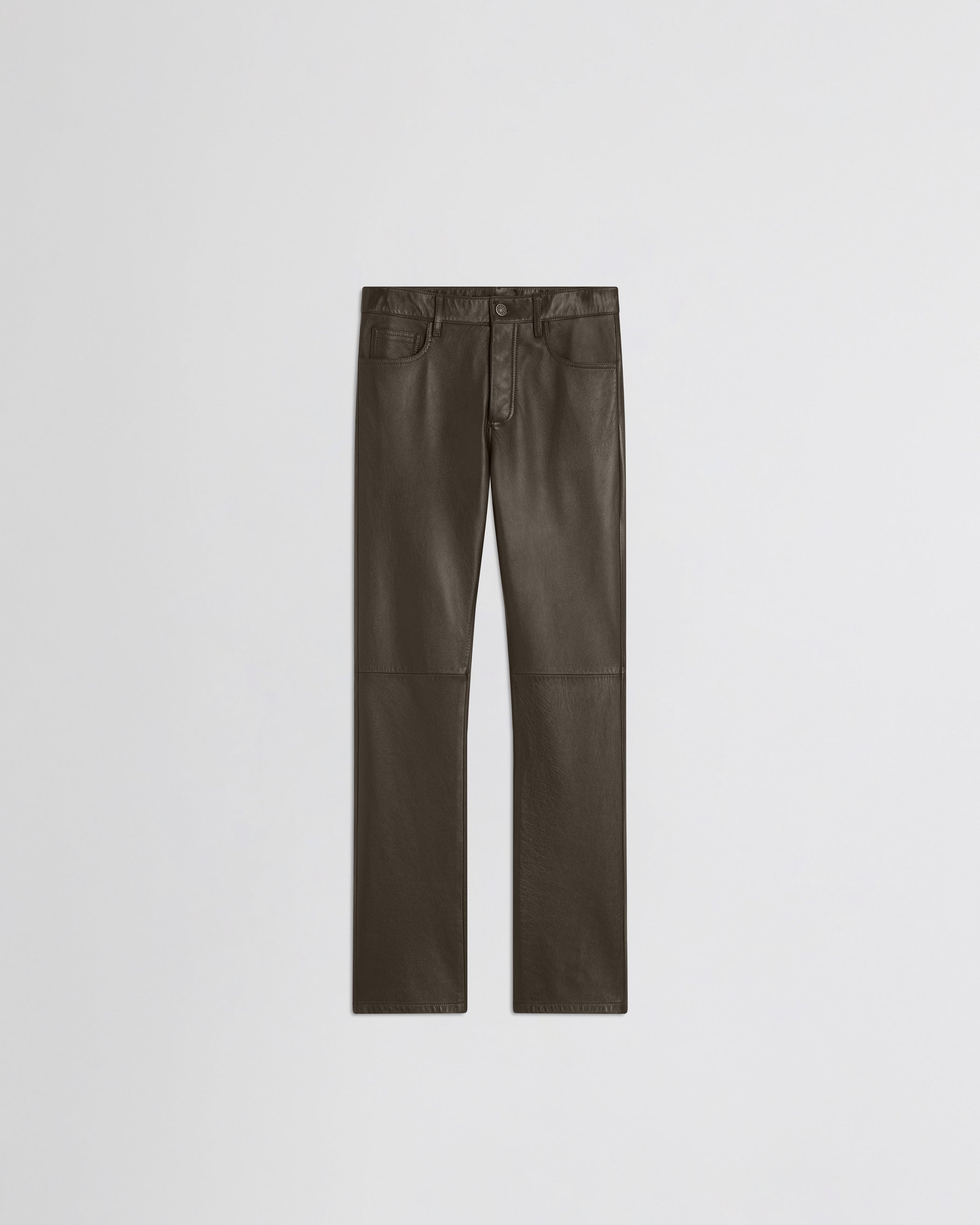 View of straight leg jeans in green bronze leather