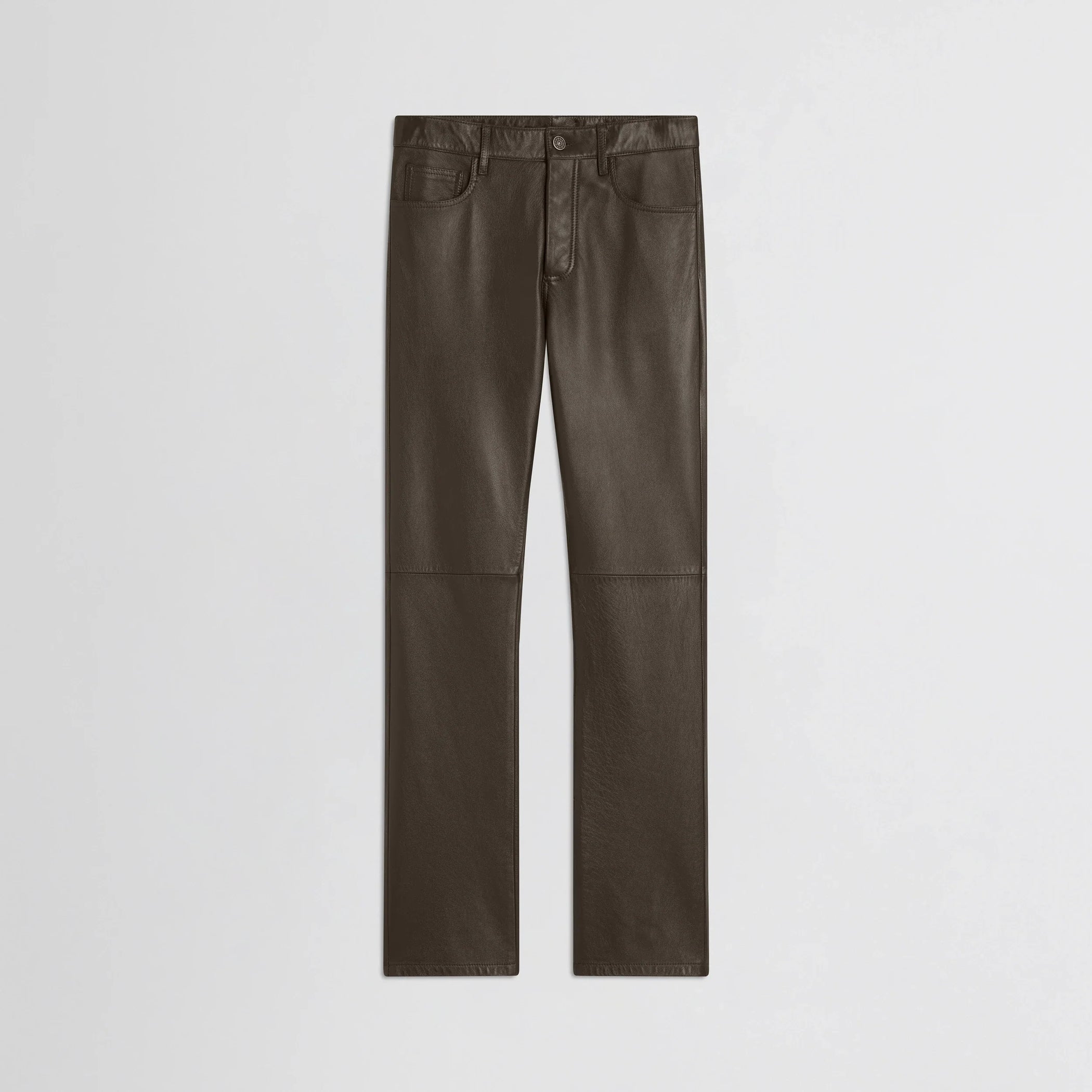 Flat front view of straight leg jeans in green bronze leather.
