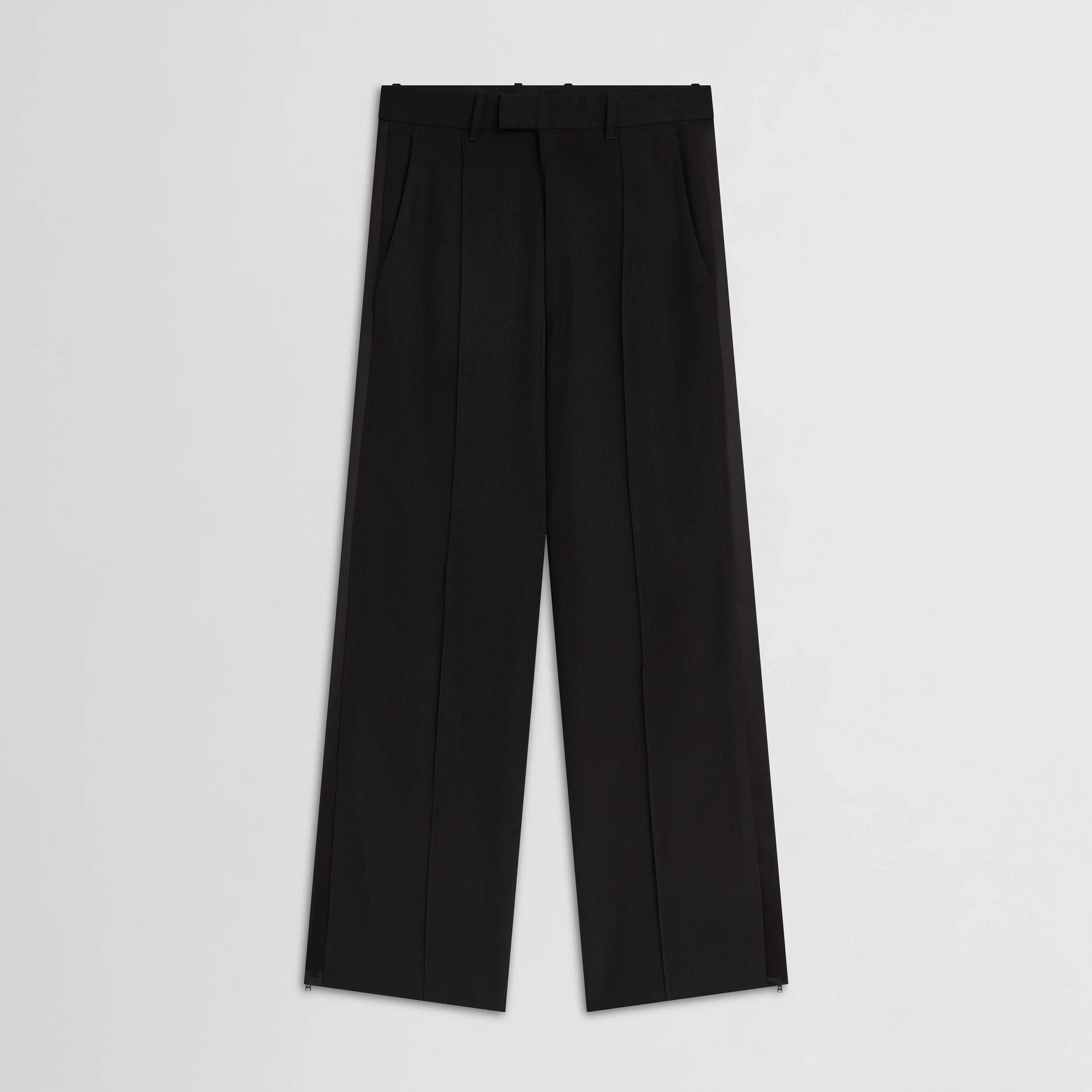 Flat front view of split tux trousers in black wool.
