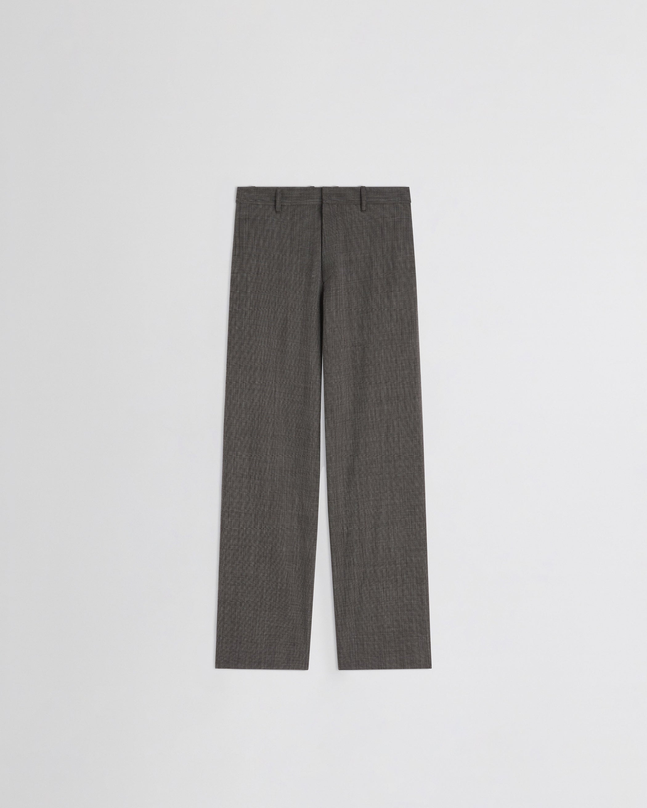 View of split zip trousers in dark brown mélange wool