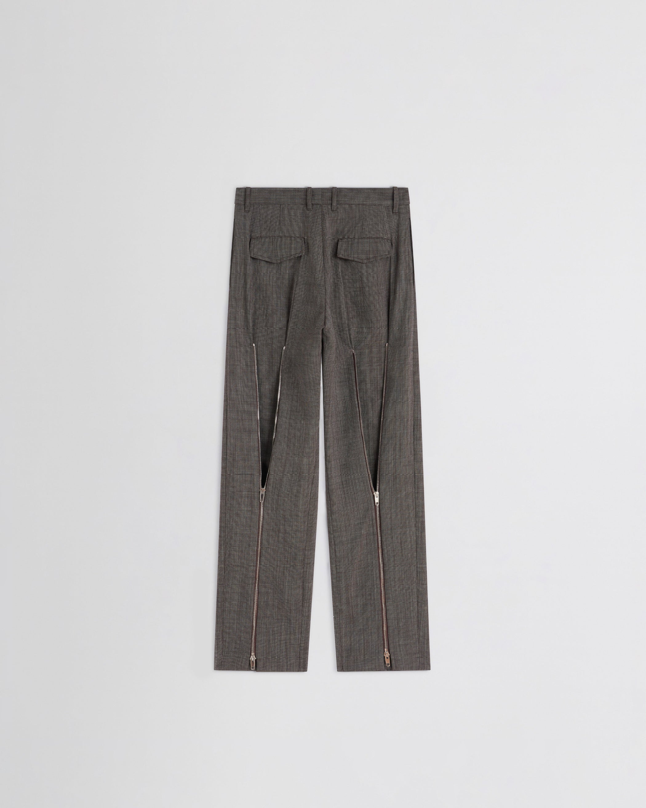View of split zip trousers in dark brown mélange wool