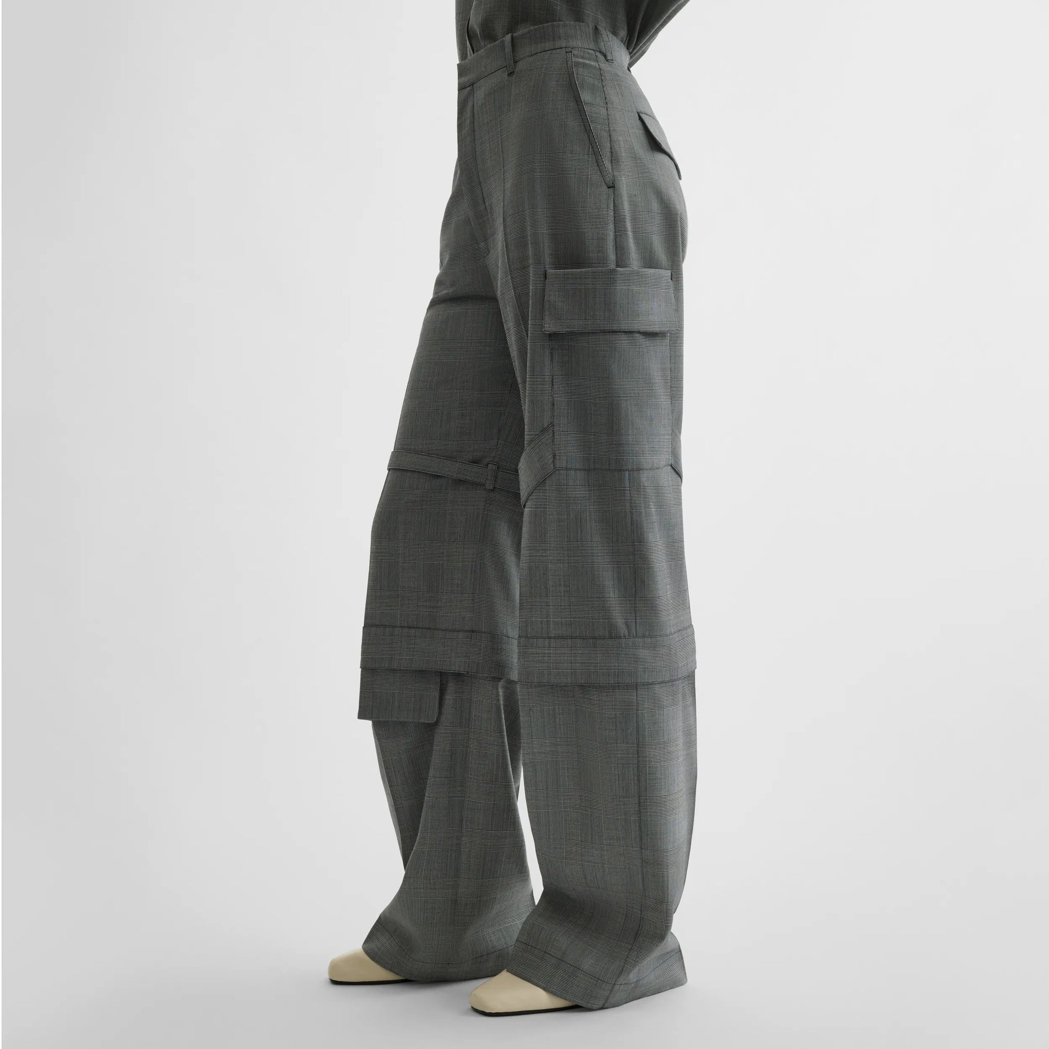 Side view of zip cargo trouser in anthracite wool